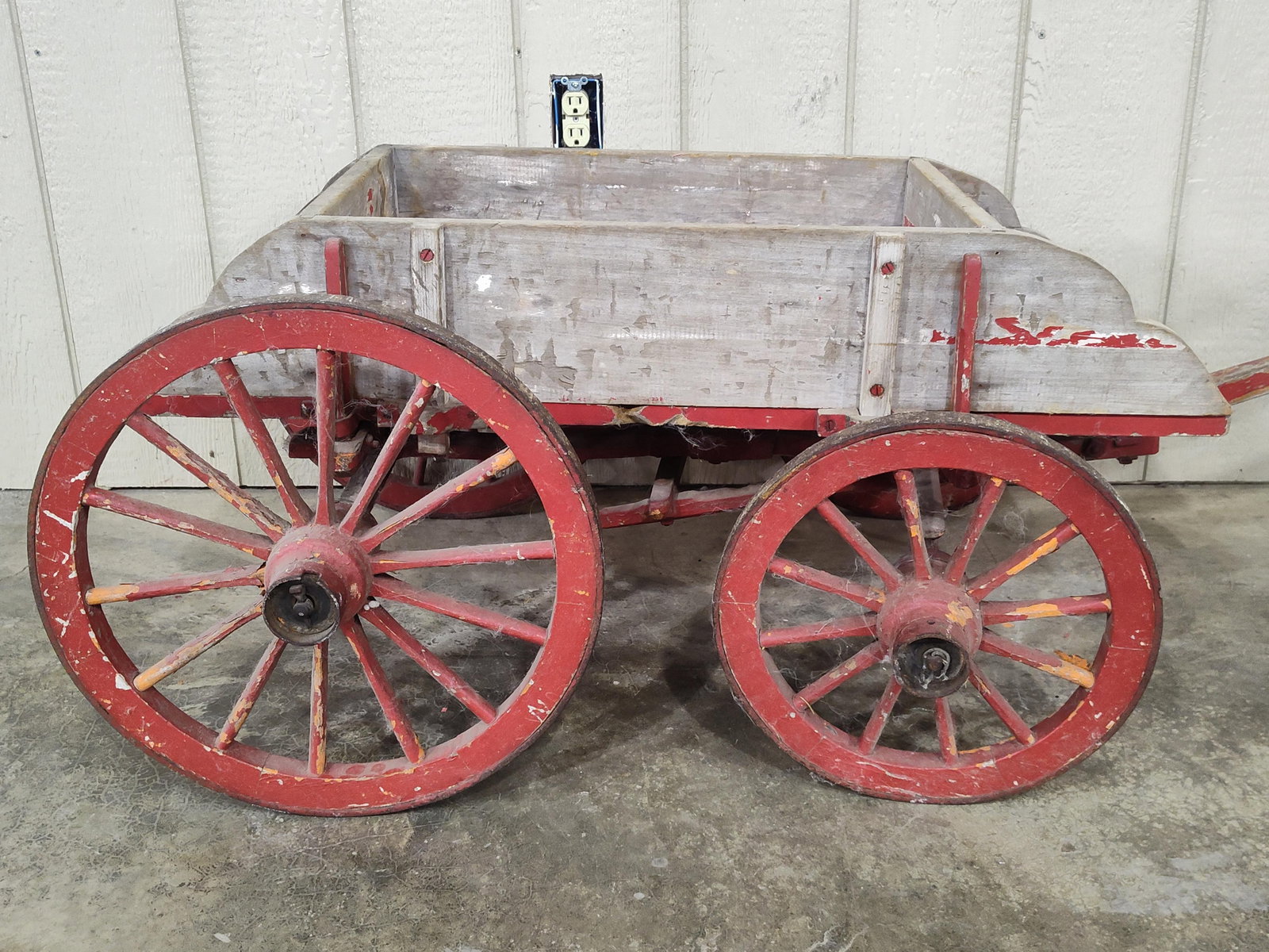 Primitive Goat Wagon: Nice early wagon with wood spoke wheels. Has a great look! 26in wheel base, box is 16in x 38in.