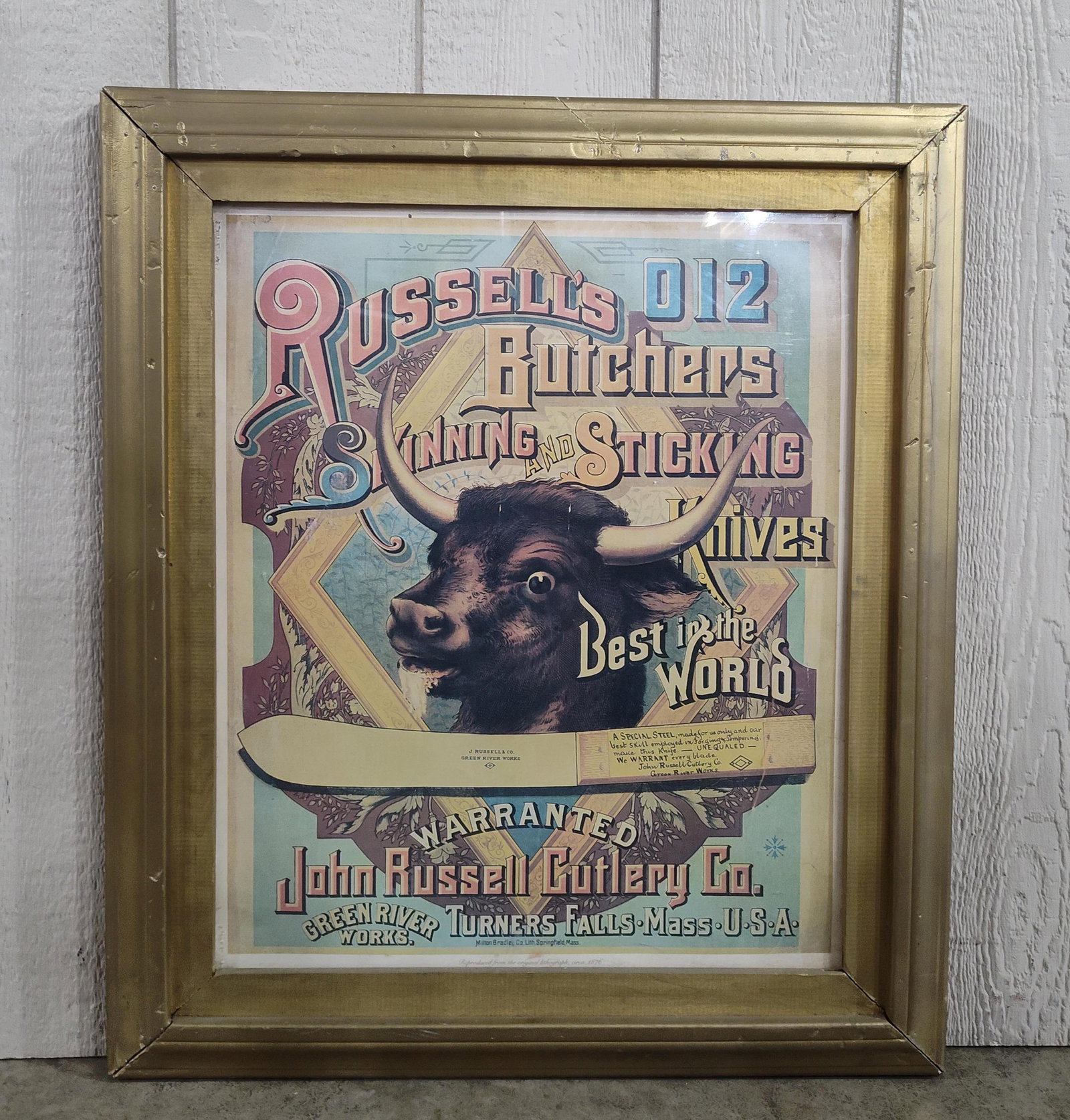 John Russell Cutlery Co. Framed Vintage Repro Butcher Advertising Poster: Great reproduction of original advertising lithograph in gold painted wood frame measuring 28 x 32.5