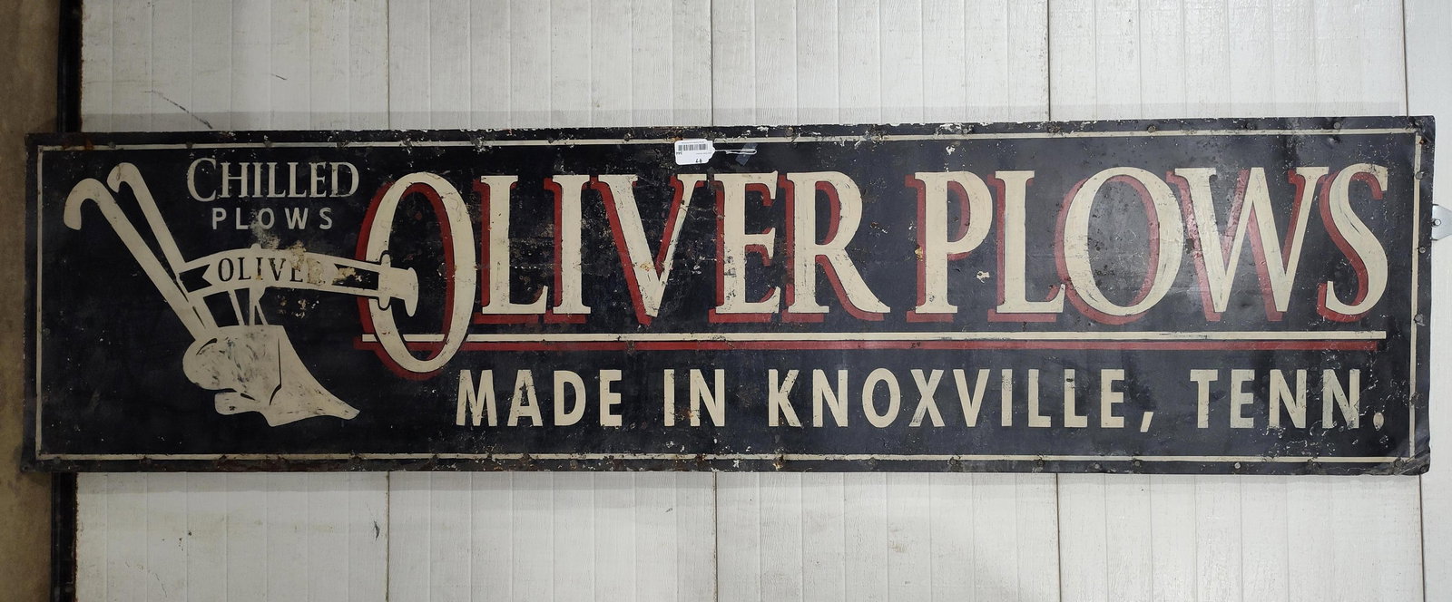 Large Early SST Hand-Painted Oliver Plow Sign: One sided metal hand painted sign. Believed to be old and original. Owner has replaced the dilapidated old wood frame with new and spray painted the back, upon first glance could appear to be new. But