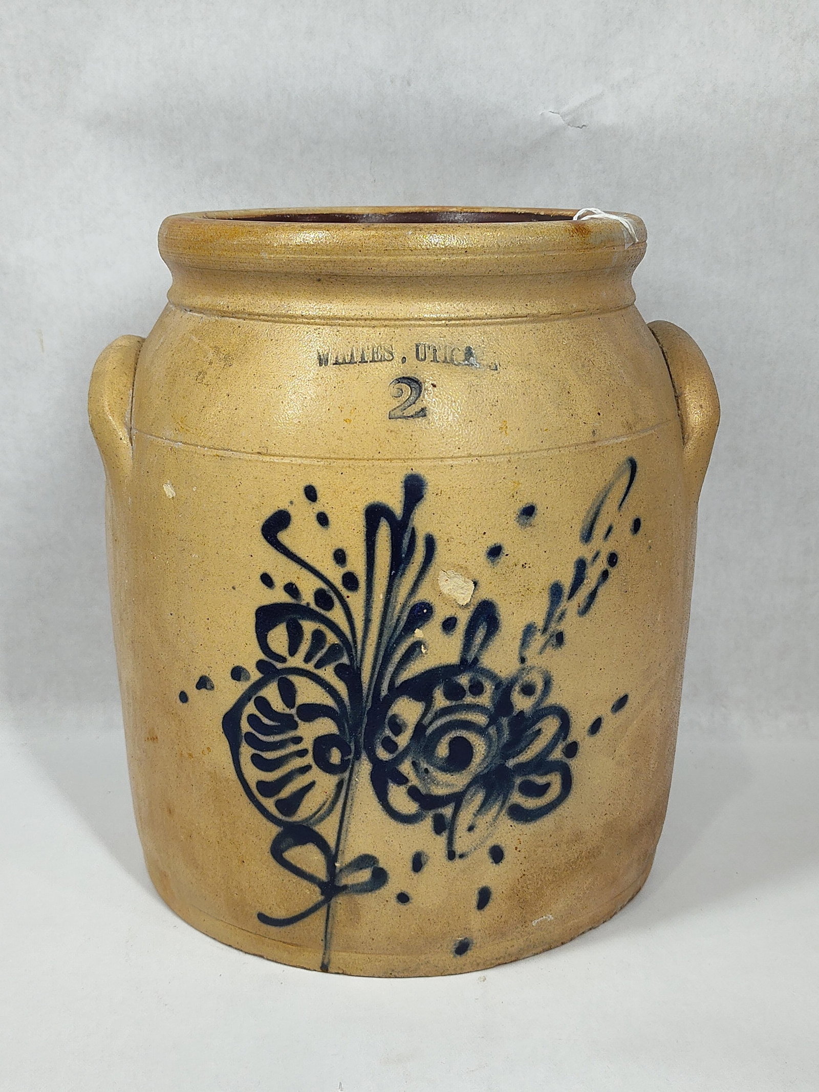 Whites Utica Decorated 2gal stoneware Cream Jar: With a significant chip on base, chip at decorations and a few small pecks but displays well! 11in tall.