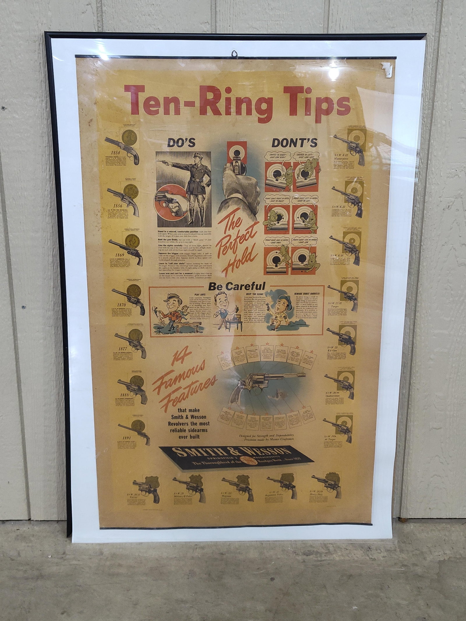 Smith & Wesson Ten-Ring Tips Do's & Dont's paper poster: Great graphical paper poster depicting various model revolvers and do's and dont's of handling firearms. Overall in great clean condition! Protected in plastic sleeve with cardboard backer.