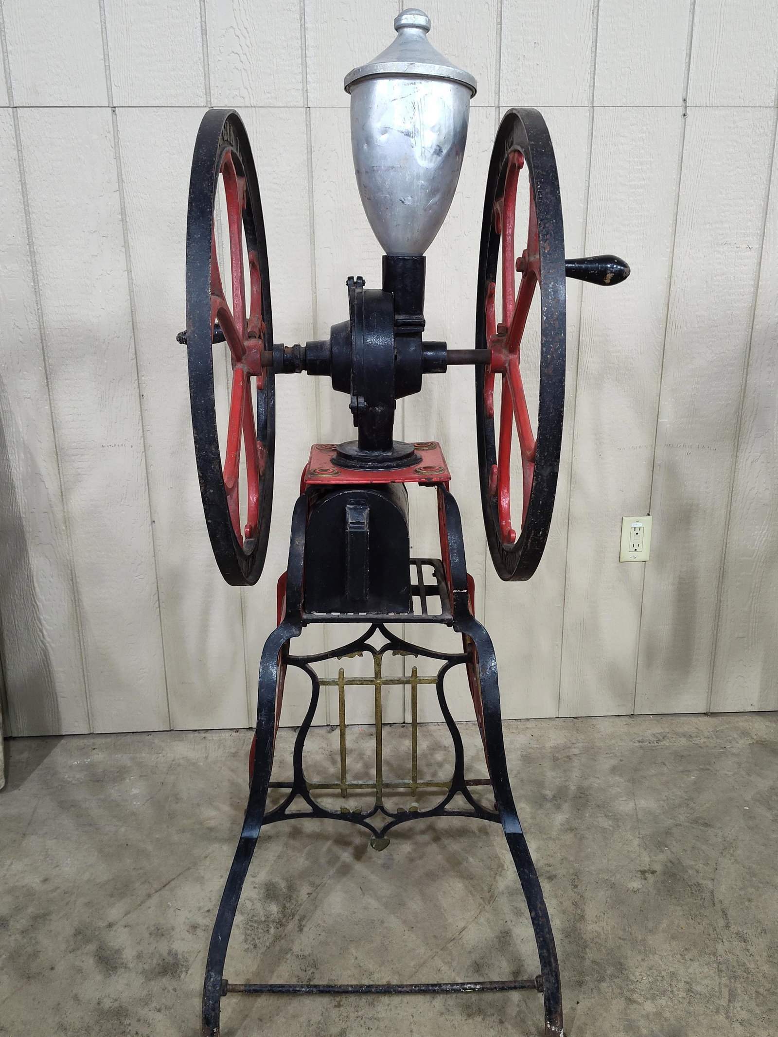 Great Elgin National Floor Model Coffee Mill: Mfg by C.H. Woodruff & Co. Appears to have an older restoration, displays excellent!! Several mounting holes that were used to fastened to floor are broke. 18in wide 61.5in tall. Wheels are just u