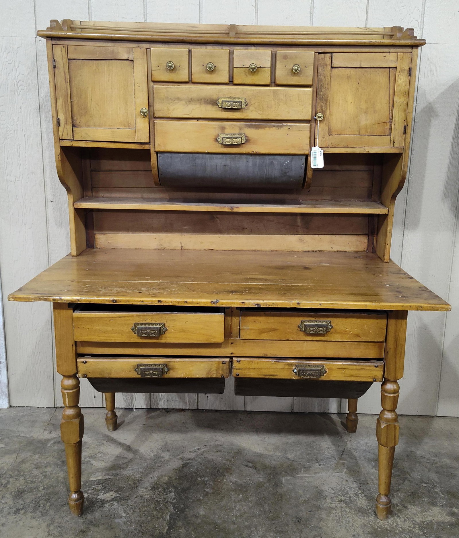 Early American 2pc Baker's Cabinet: Shows a few repairs in areas but has a great look! 48in wide 28in deep 61in tall.