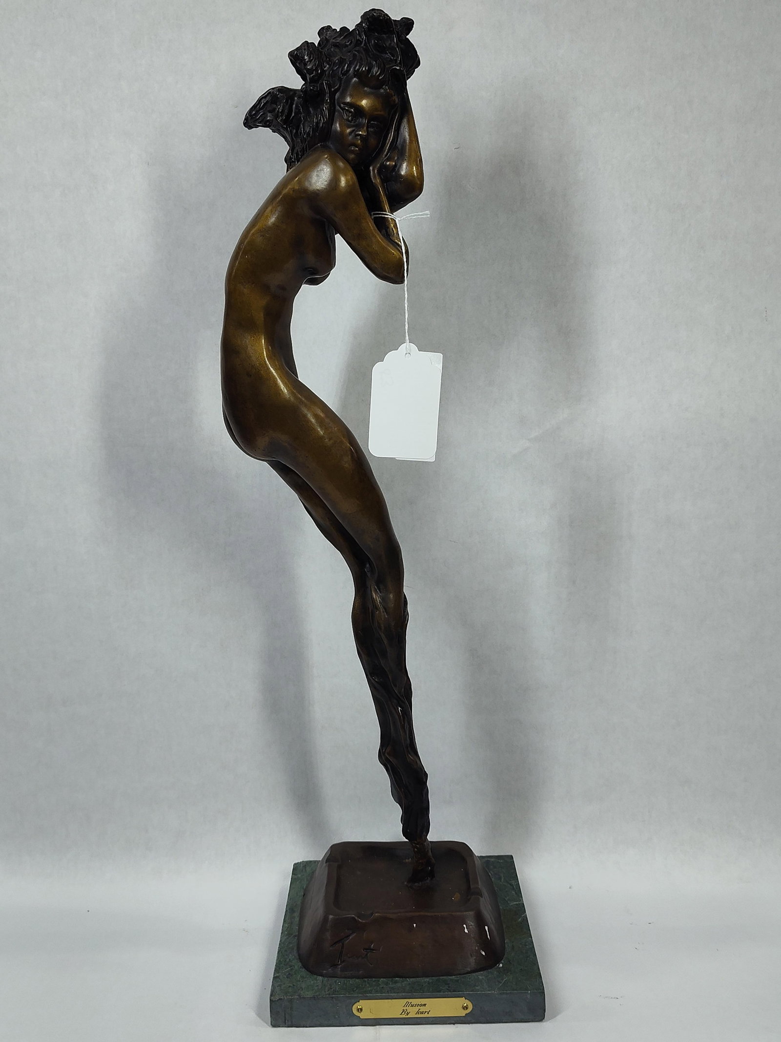 Illusions by Louis Icart " Smoke Girl" Bronze Sculpture: Bronze sculpture titled "Illusions" (also known as "Smoke Girl") by French artist Louis Icart (1888-1950).? A nude woman depicted rising from the smoke of a cigarette within an