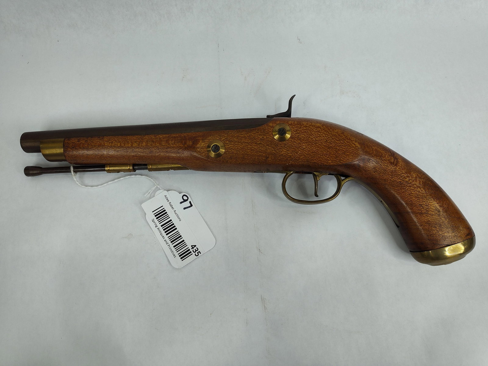 Dikar Spain .45cal. Black Powder Flintlock: Barrel is marked Dikar Spain .45cal Black Powder only. Features engraved receiver with 9in Barrel. Appears to be in good condition! Overall length is 15.5in.