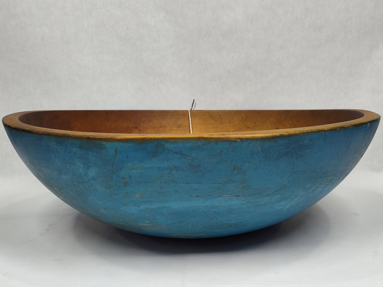 Primitive Blue Painted Butter Bowl: Nice Robin egg blue paint. 15 to 16in diameter.