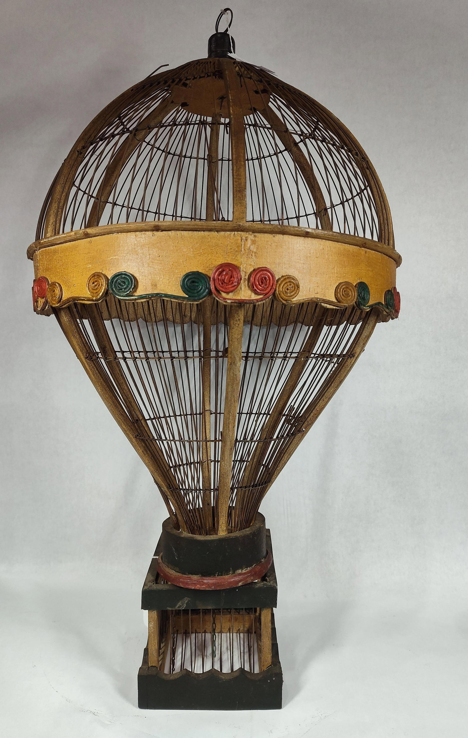 Unusual 2pc Hot Air Balloon Bird Cage: Wooden and wire bird cage with decorative trim. Gondola separates from balloon part. Approximately 17in diameter overall height is 33in.