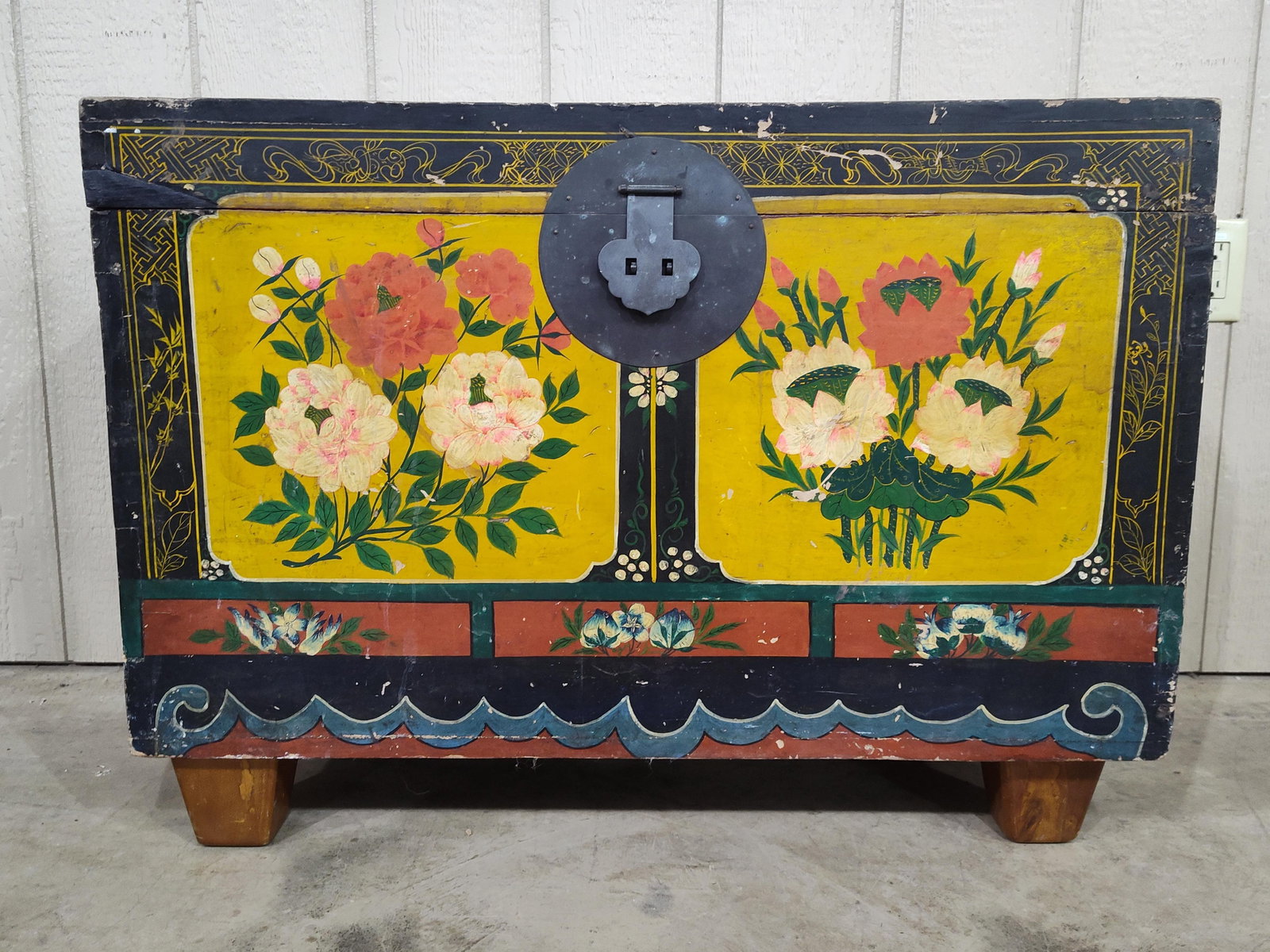 Dovetailed Hand-Painted Asian or Dutch Inspired Trunk: Great looking Trunk with nice floral painted decorations! Does have a repaired chip on front left corner of lid but still has a great look!! 34.5in long 18in deep 25.5in tall.