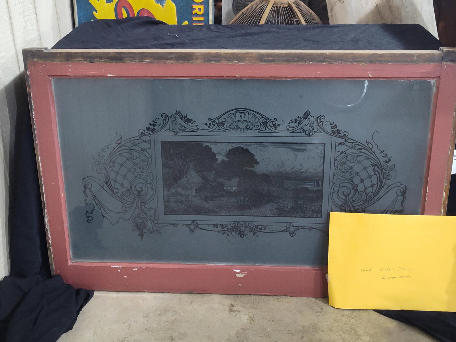 Acid Etched "Early Settlers" Scene Window: This process became popular in the 1880s. Comes with a 1973 letter from Akron Beacon Journal that wanted permission to do a story on this type of window and a 1974 newspaper clipping of that article. 