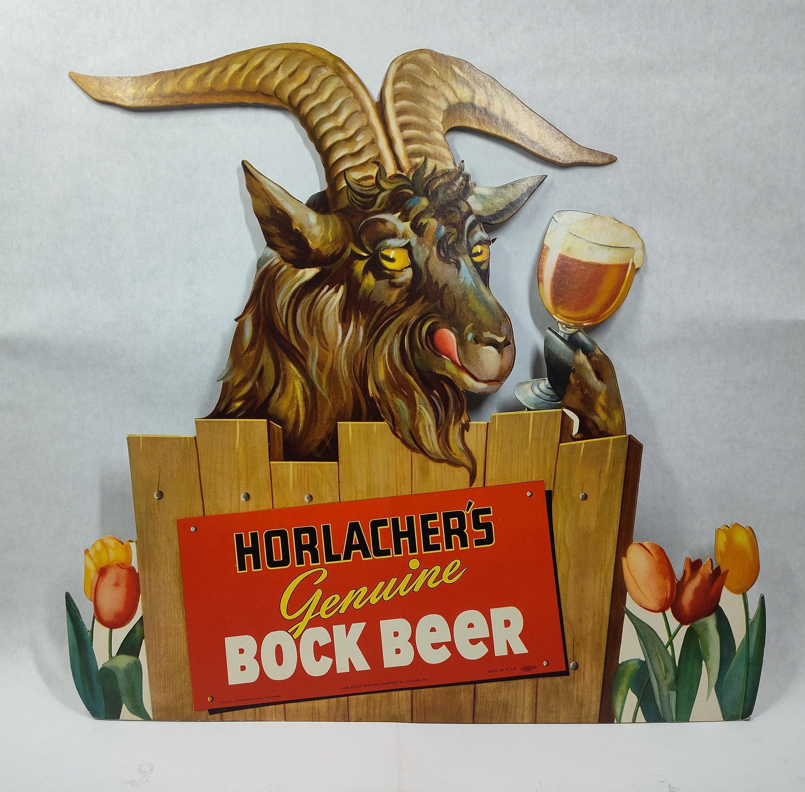 Outstanding Graphical Horlacher's Bock Beer cdbd easelback sign: Awesome die cut cardboard easelback sign in new old stock condition!! 21in x 20.5in.