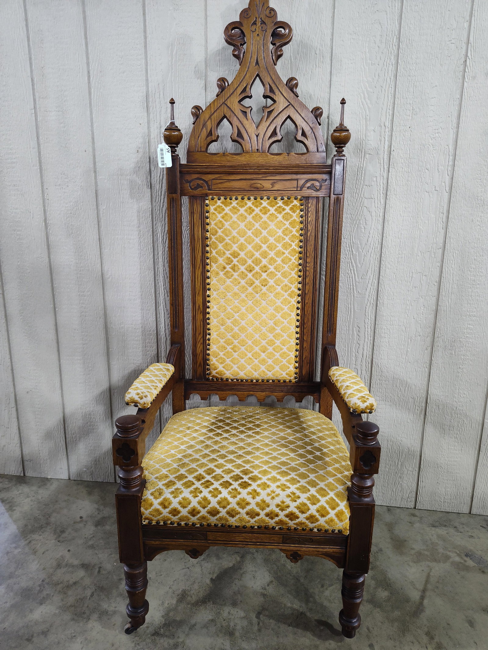 19th C Victorian Oak Gothic Throne Chair: Fancy carved Revival Gothic chair in excellent condition!! 18in seat height overall height is 71.5in.