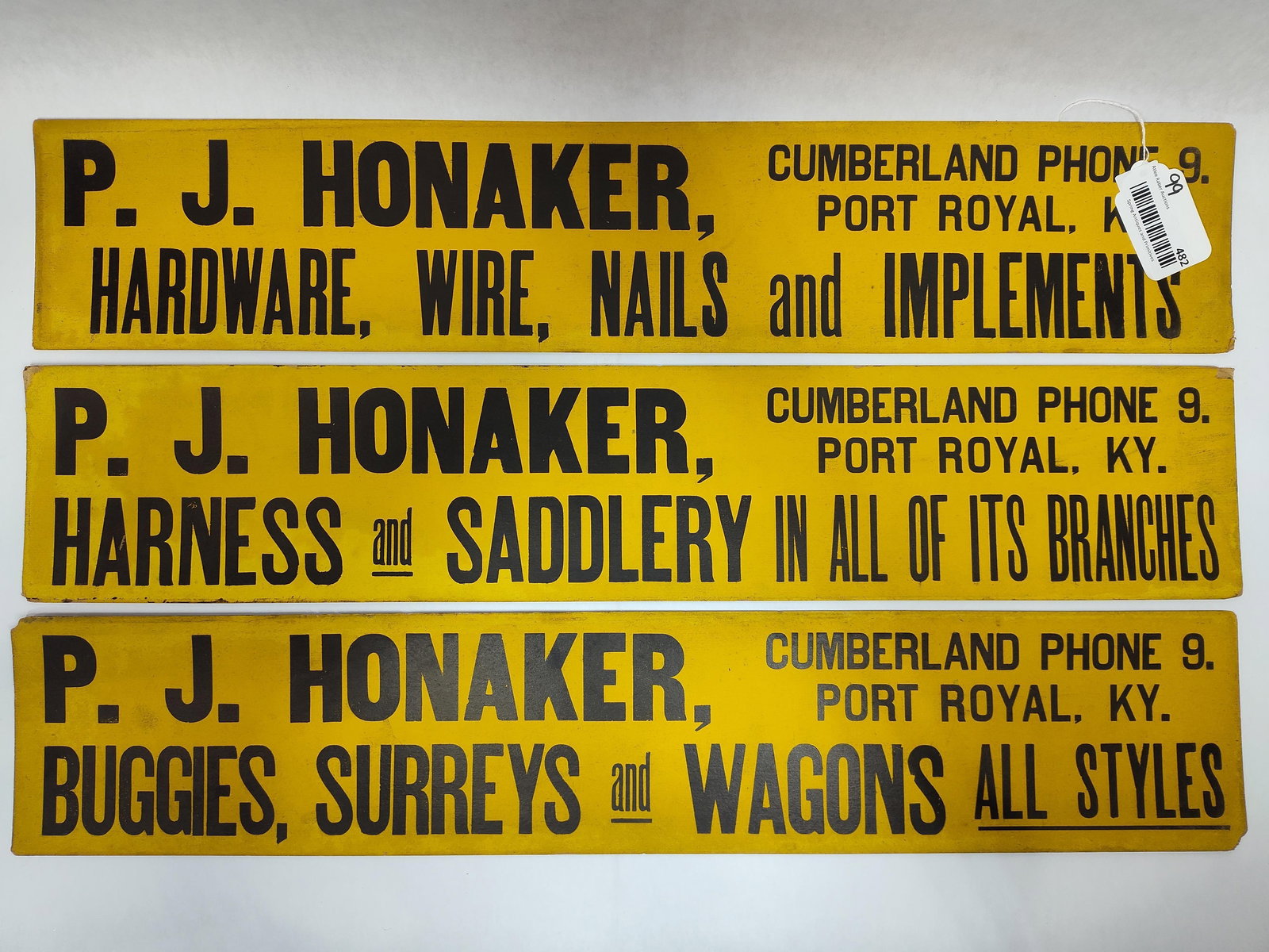 3- P.J. Honaker Cardboard signs: 3- 1-sided cardboard signs that shows minor edge wear but are pretty decent! All have different scripts. 5.25in x 28in.
