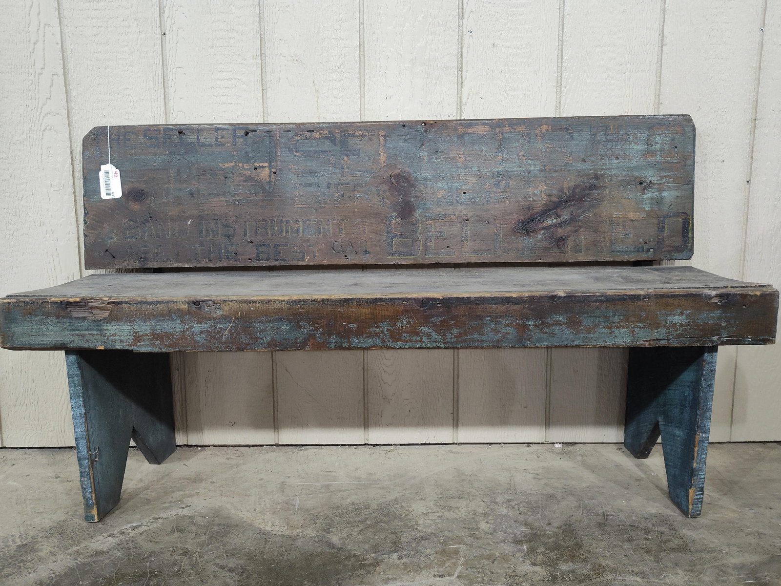 Awesome Painted Advertising Bench: Shows faintly visible graphics. Graphics visible read: Sellers Band instruments are the best. Bench is 48in long.