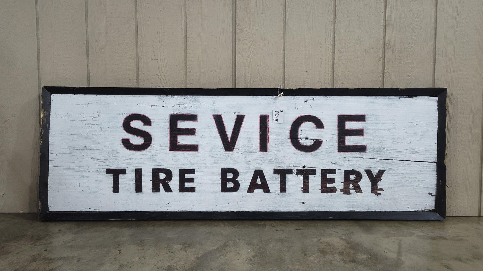 Tire-Battery Service wooden sign: 1-sided painted wood sign. Appears to be newer. 21in x 64.5in.