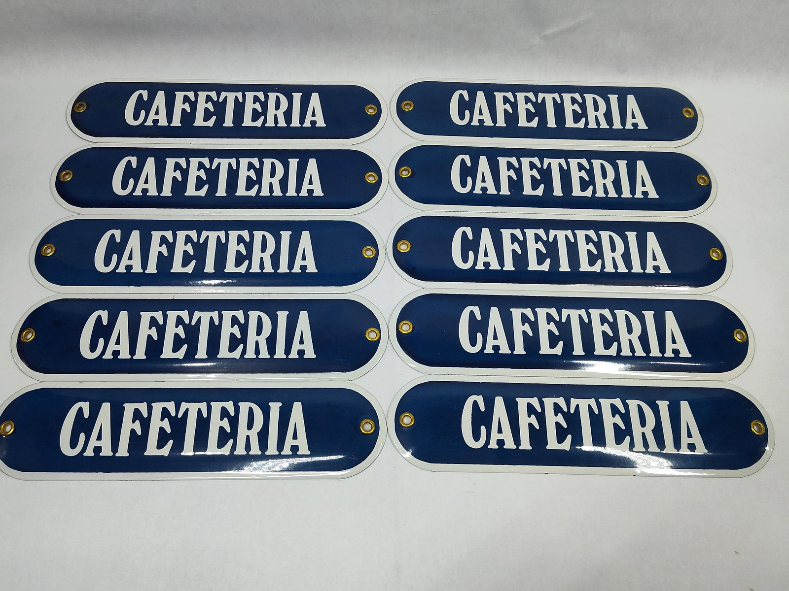 10-SSP Cafeteria Script Signs: These are 1-sided porcelain and 2.5in x 10in.