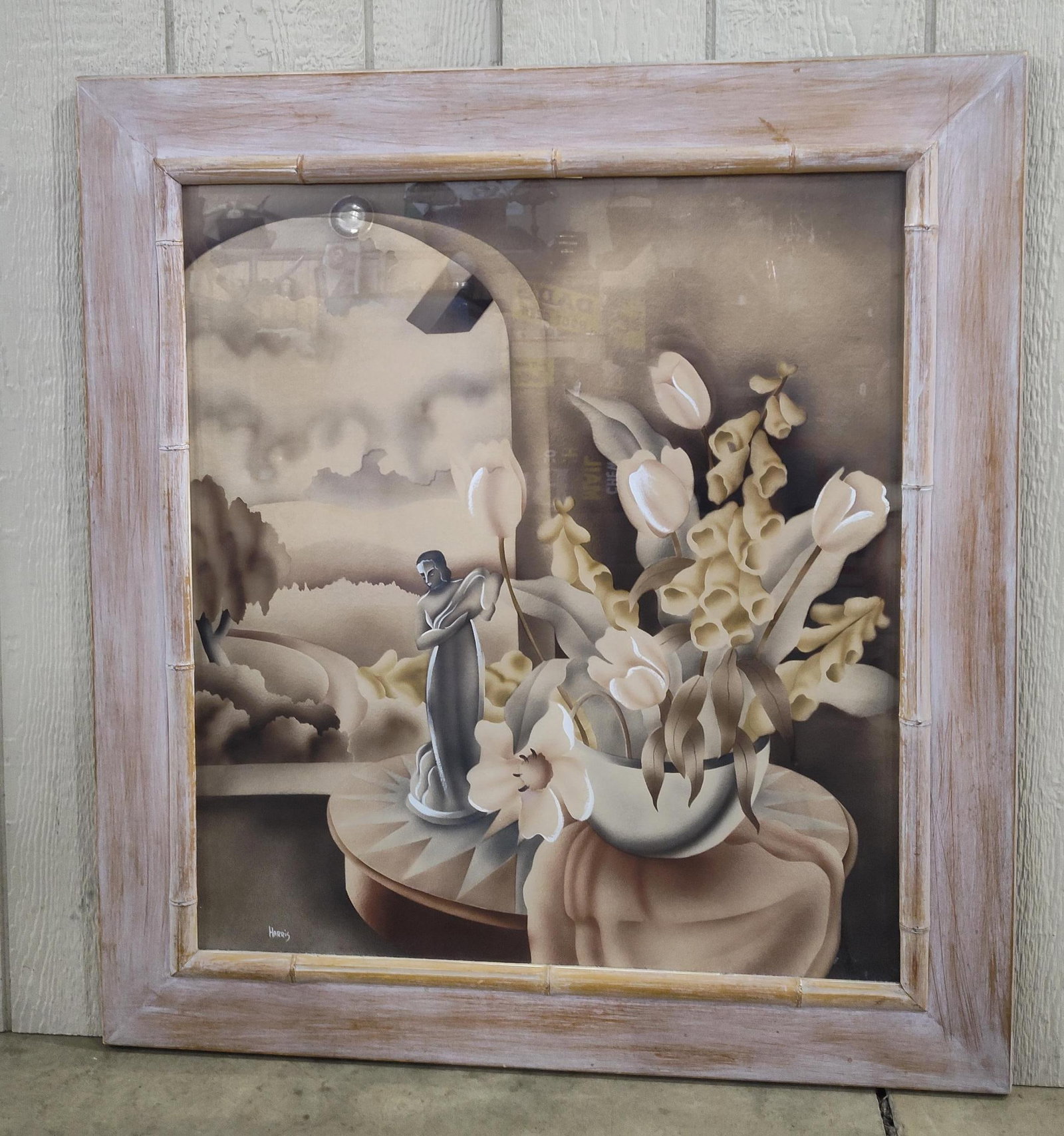 Largest Benjamin J. Harris 1939 Art Deco Airbrush Artwork in Original Frame: Artist signed, marked by Neuman Decor, dated 1939. Very nice condition with no damage to piece or frame. 36x39