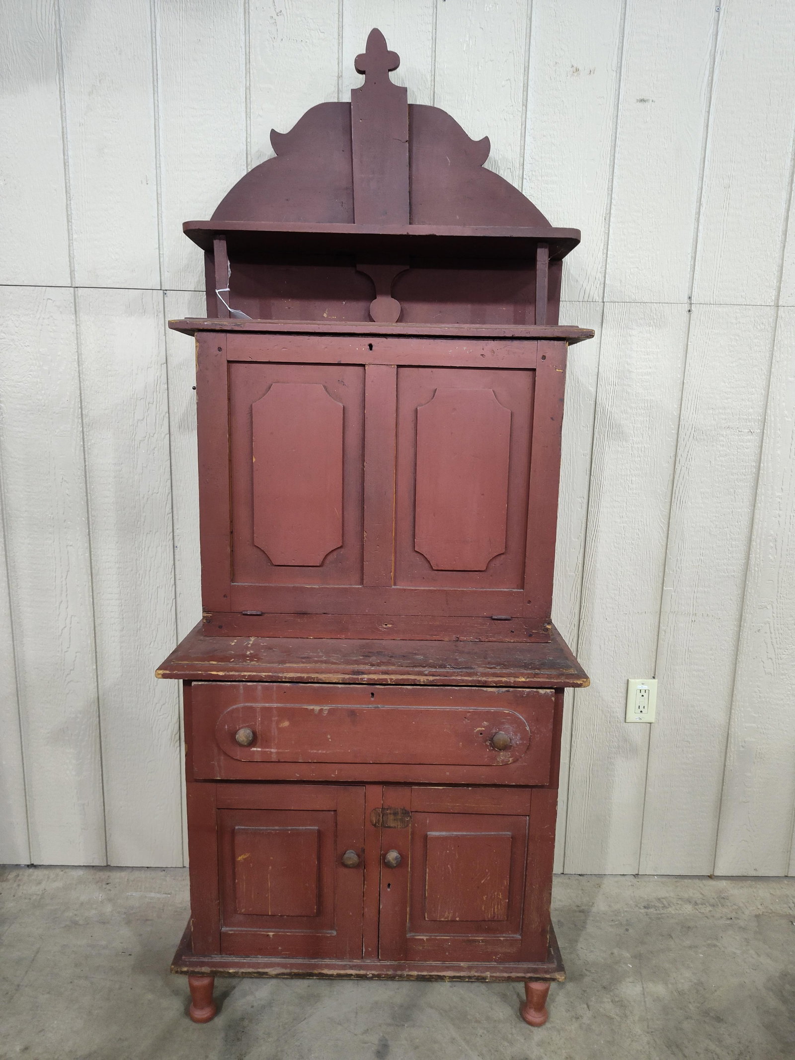 Great Early 2pc Drop Front Plantation Desk: Nice painted 2pc desk of some type, possibly a plantation desk? Top with drop front and cubbie interior. Shows some user character and has excellent red paint!! Appears feet have been replaced. 31in