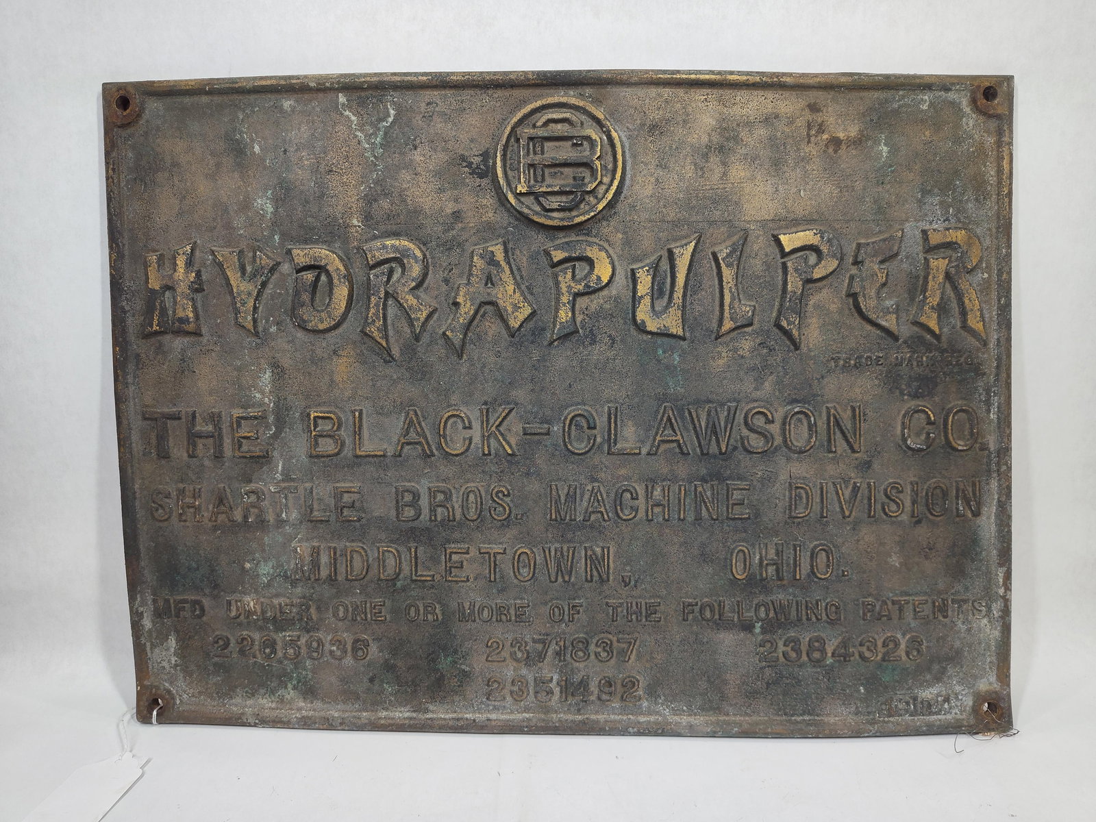 Hydrapulper The Black-Clawson Co. Bronze sign: Shartle Bros. Machine Division Middletown, OH. Shows some oxidation and is not completely flat, has a slight bow. 16in x 22in.