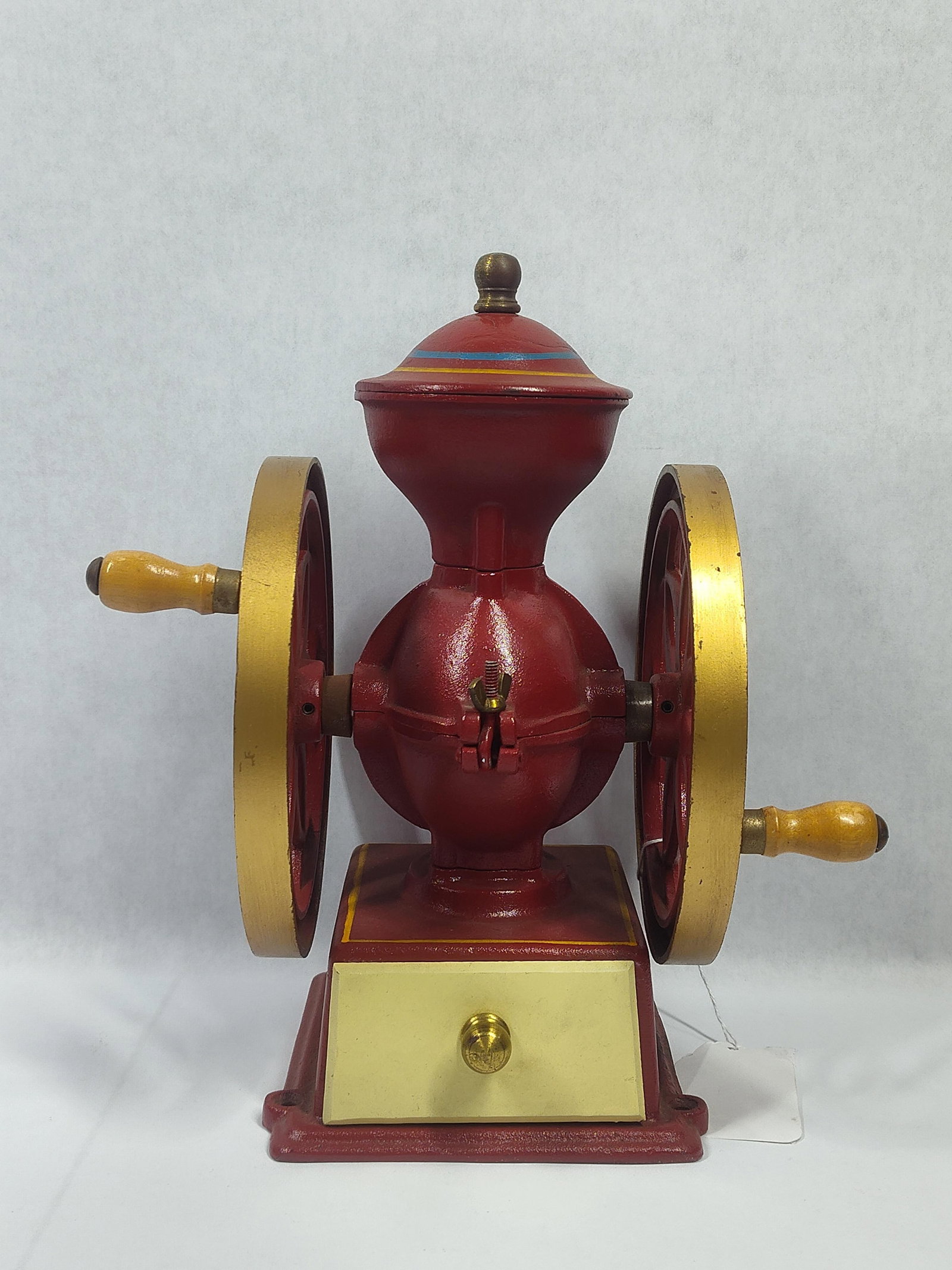 John Wright Inc. Red Painted Hand Crank Table Top Coffee Mill: Drawer is not original to mill appears to be restored at some point being complete and stands 11.5 in H 