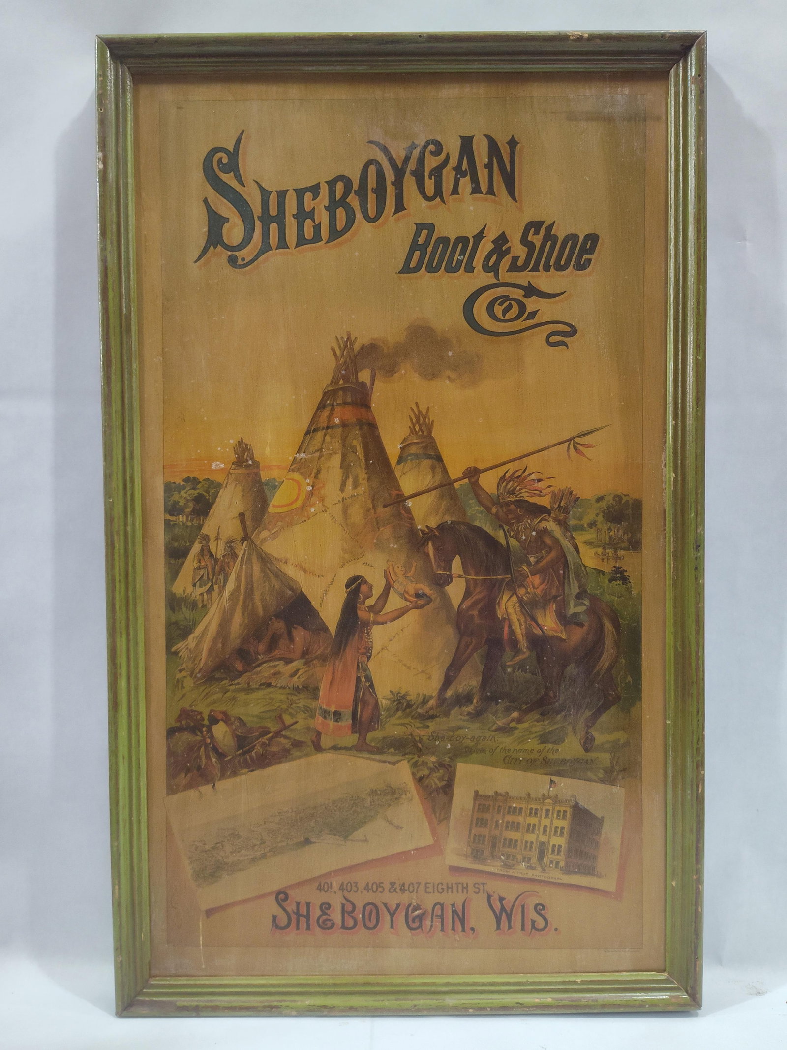 Sheboygan Boot & Shoe Poster on wood: Believed to be a paper poster mounted on wood and lacquered over. Has a great look! 19in x 31in.