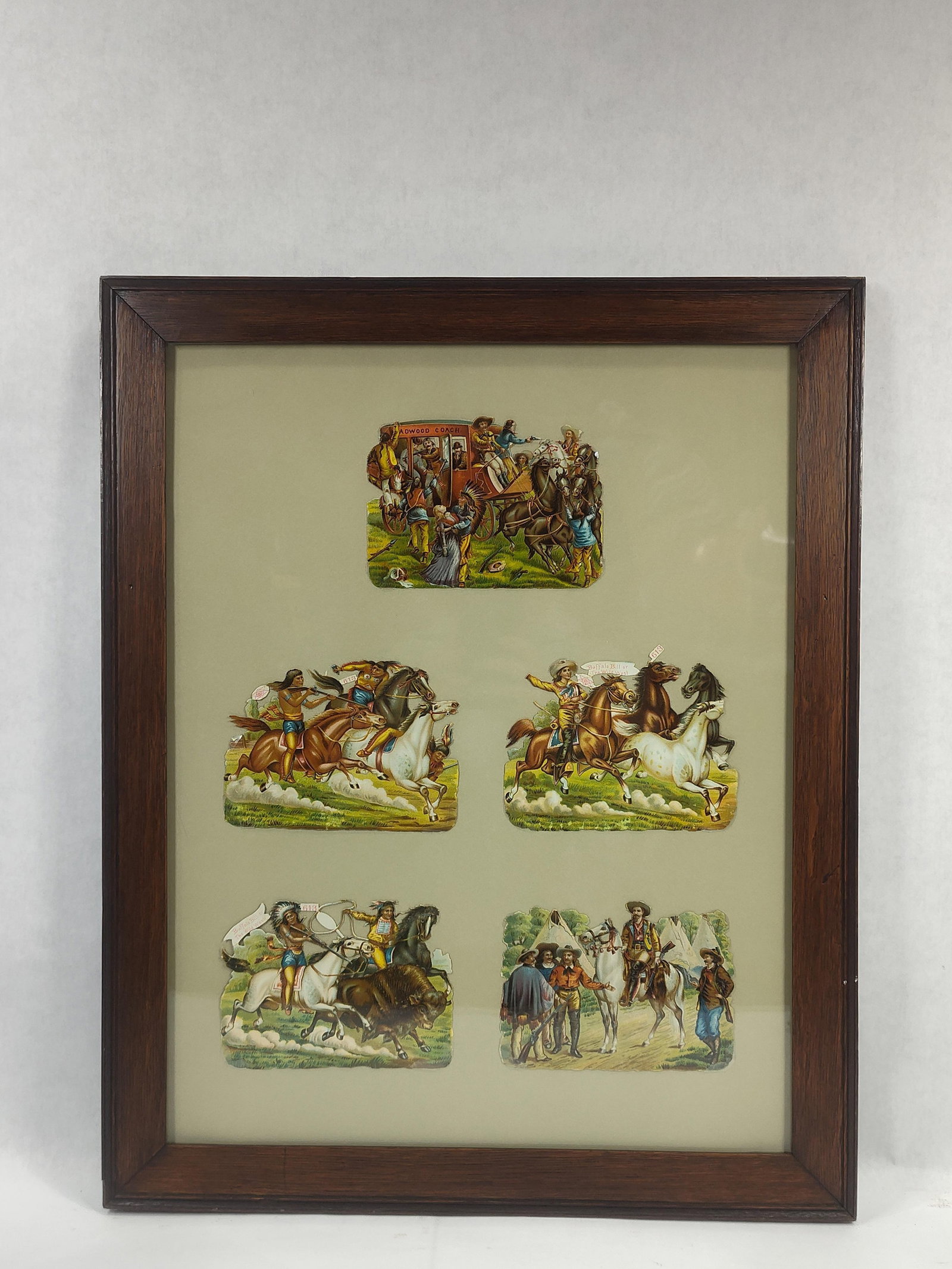5-Buffalo Bill Wild West Die-Cut Cdbd Litho Trade Cards: Beautifully displayed in frame die cut cardboard trade cards with nice vivid colors! Frame is 19in x 23.5in.