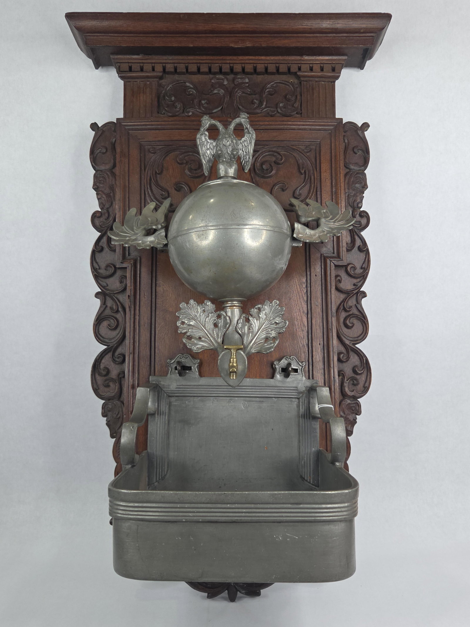 Impressive 18th C. French Pewter Lavabo w/ Carved Backboard (1 of 15)