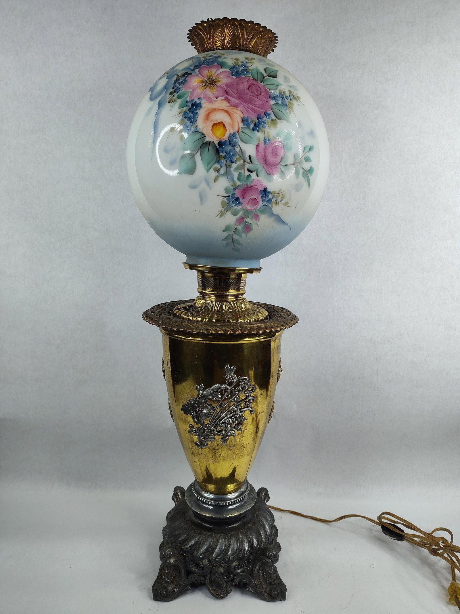 Victorian Parlor Lamp with Hand-Painted Shade: Has been electrified. 29in tall.