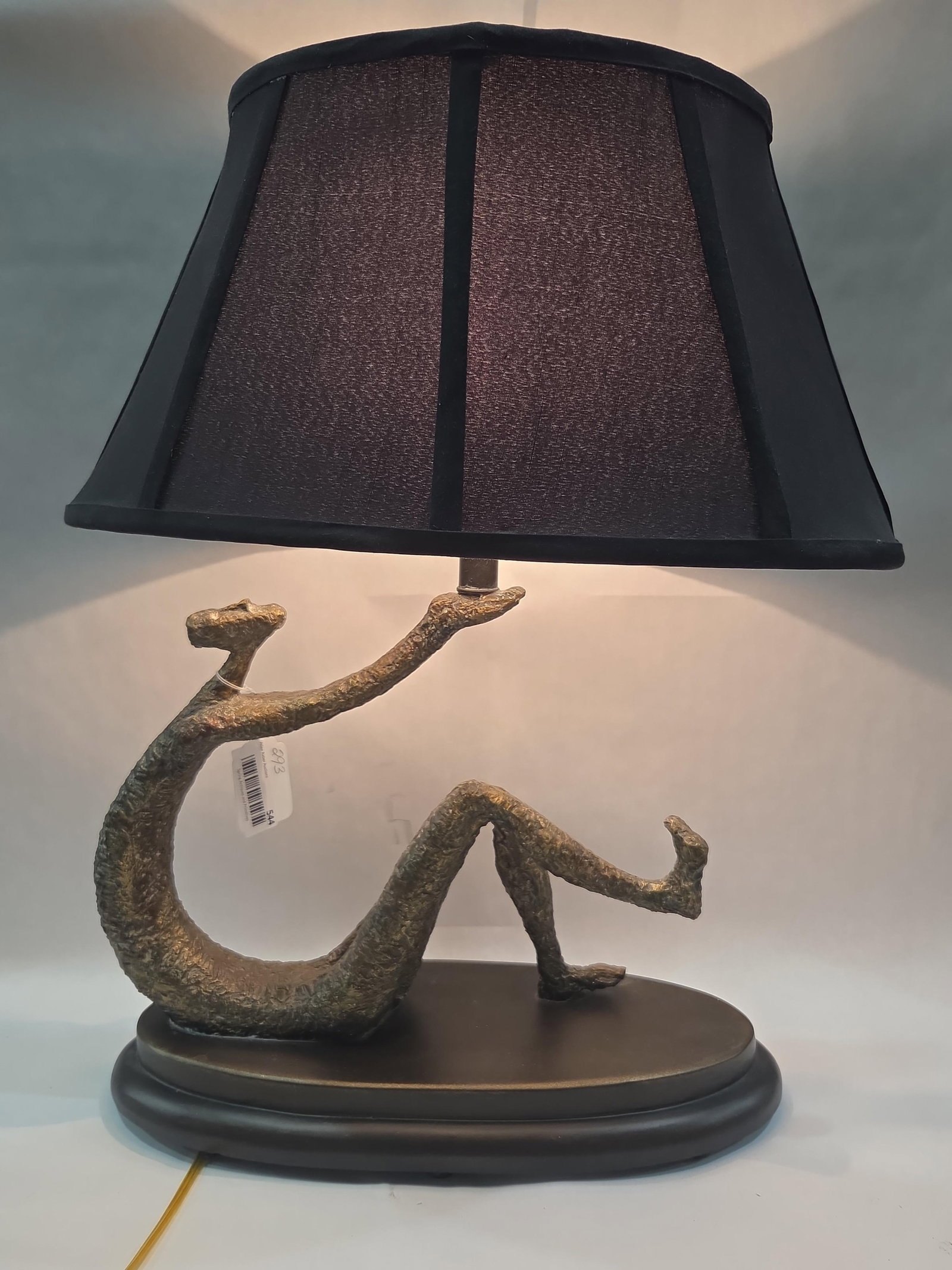 Brass Base Brutalist Umbrella Table Lamp: Great unusual figural lamp in great condition! Base is 7.5in wide 18in long overall height is 26in.