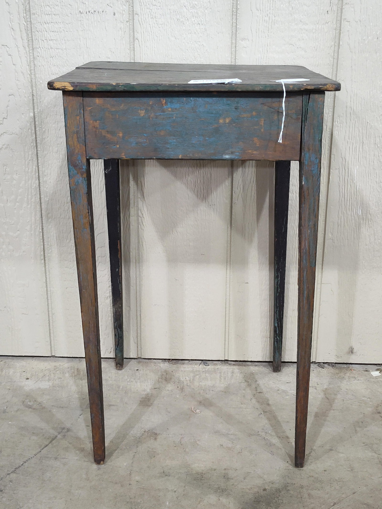 Primitive Painted Side Table: Top shows green, one side shows blue. Has a great look! Shows a few cracks. Top is 16.5in x 16in 26.5in tall.