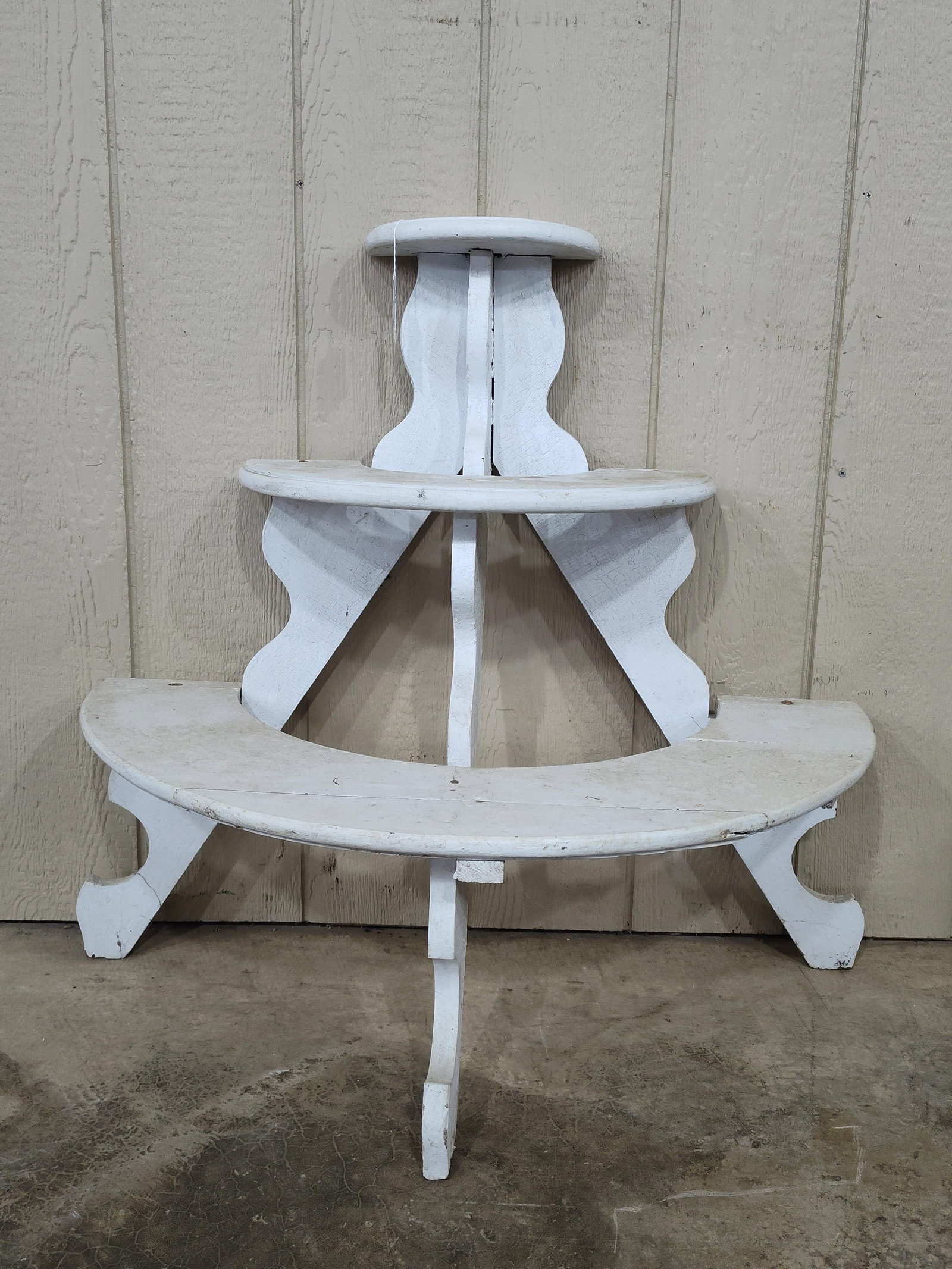 3 Tiered Half Moon Crock Display in White: 35in wide 33in tall.