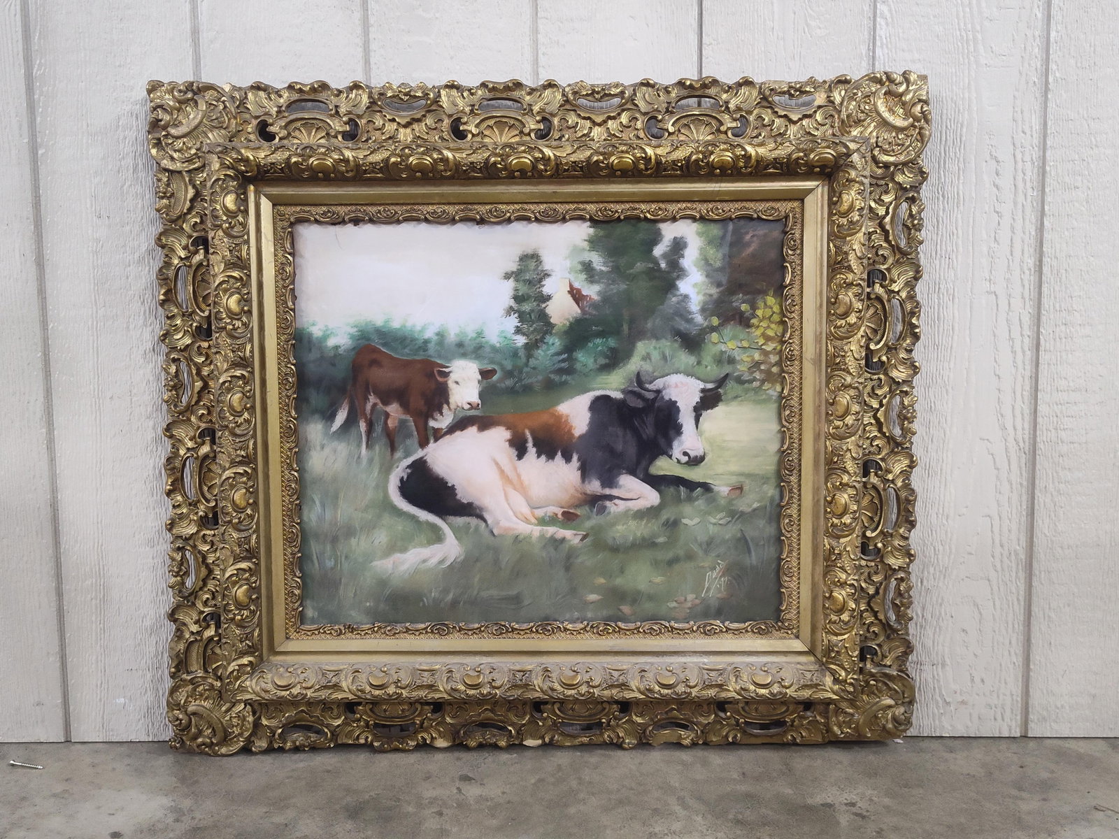 Framed Cow/Calf print/painting by Dodd: In a beautiful ornate gilted wooden frame with a few chips along outer edge but overall is beautiful! 36in x 32.5in. Signed Dodd 97.