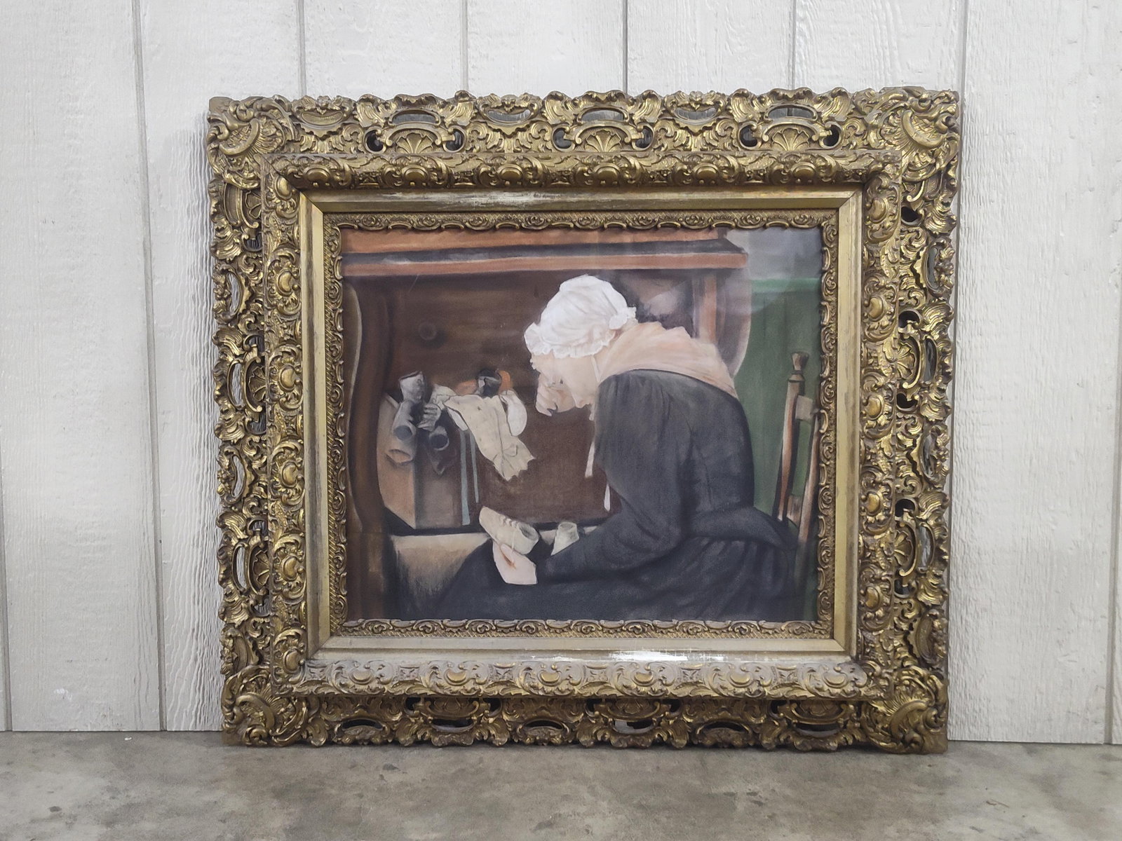 Harry Roseland "Tender Memories" framed print: In an early ornate gilted wooden frame! Shows a few minor chips along outer edge but overall is beautiful!! 36in x 32.5in framed.