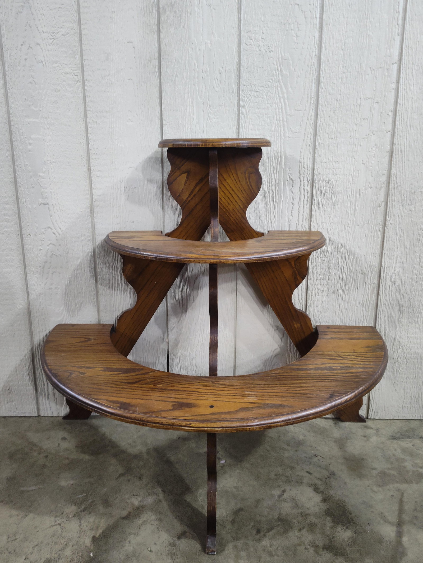 Great Antique Multi Tiered Circular Flat Wall Crock Stand Display: Showing minor areas of wear as shown in photos overall great early condition standing 32.5 in. H and 37 in. W 