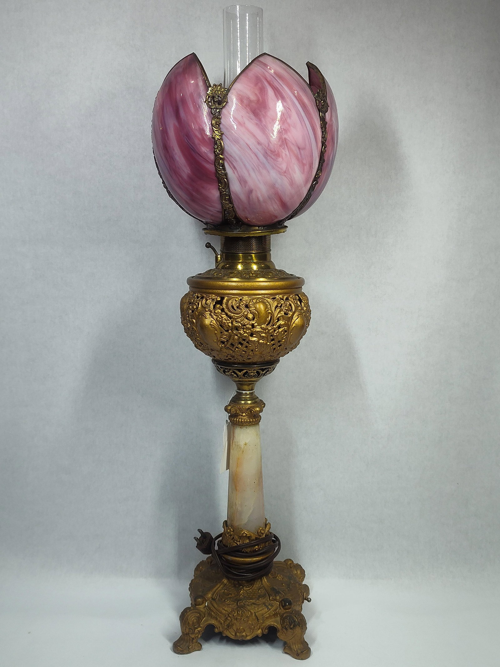 Victorian Era Banquet Lamp Featuring Pink Marbled Glass Shade w/ Decorative Brass & Marble Base (1 of 6)