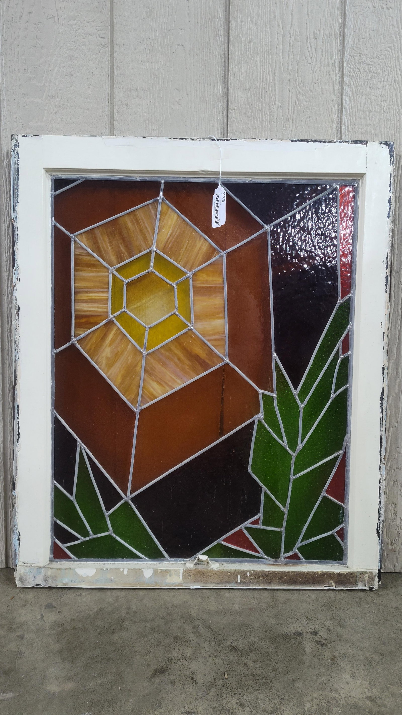 Stained & Leaded Glass Window: Does have a crack in one corner. 26in x 31.5in.