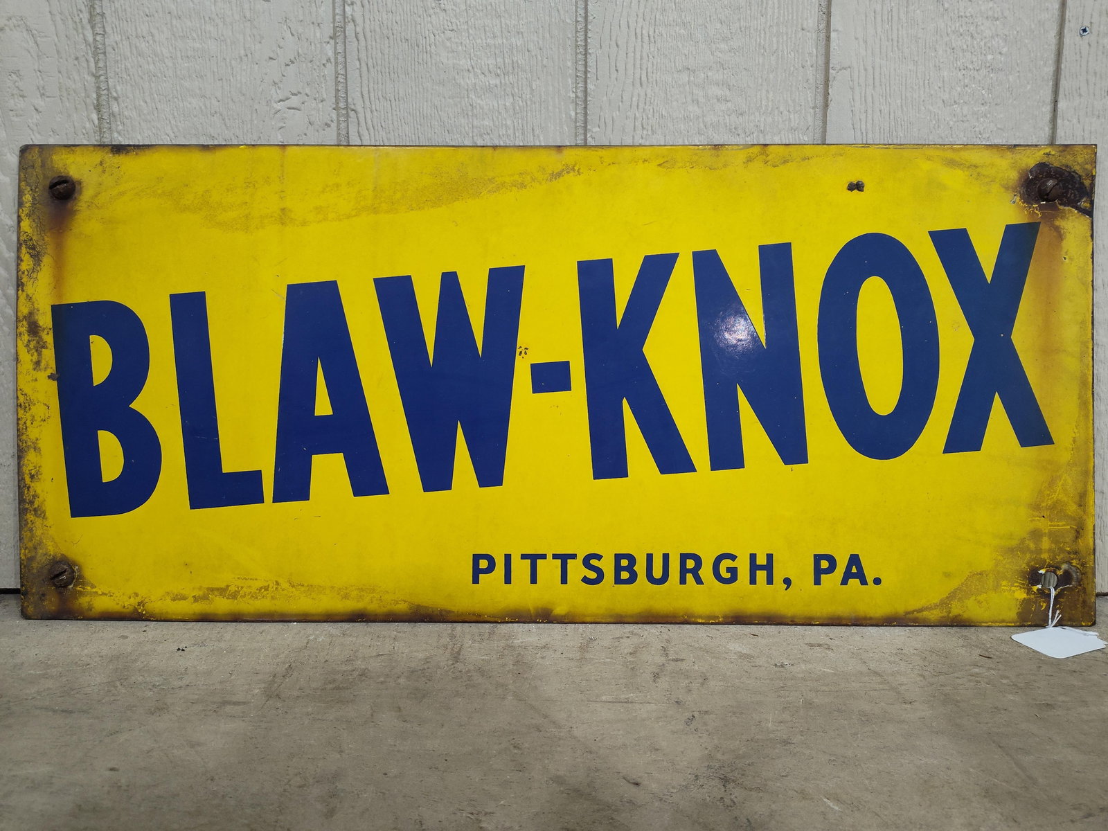 SSP Blaw-Knox sign: The Blaw-Knox Company was founded in 1917, produced road paving equipment and steel products. 1-sided porcelain sign with some surface rust along edges, believe it could be cleaned some? 16in x 36in.
