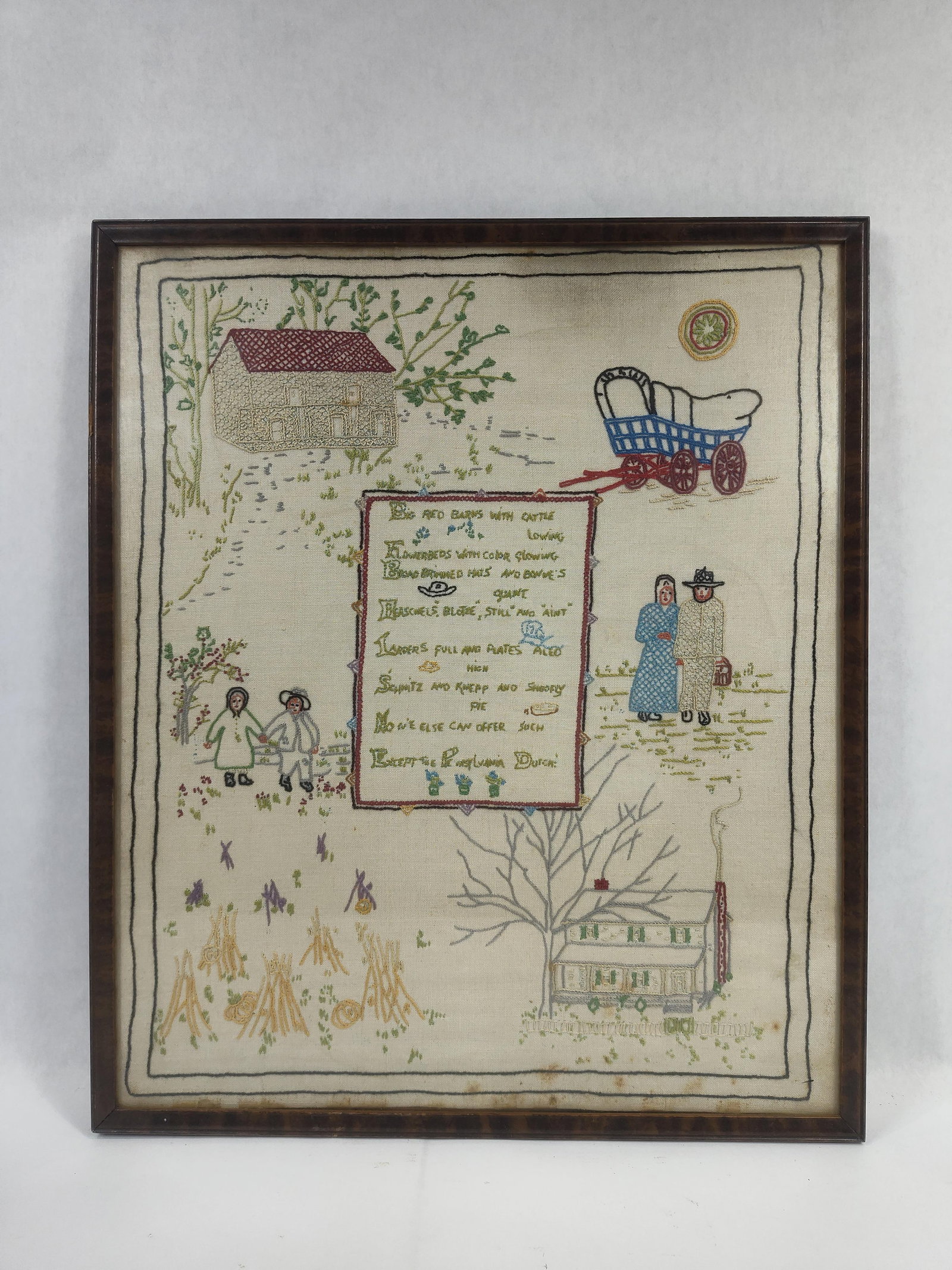 Pennsylvania Dutch Framed Coss Stitched Panel: Shows a few yellowing spots along bottom Edge but overall is in great condition! 17in x 20in.