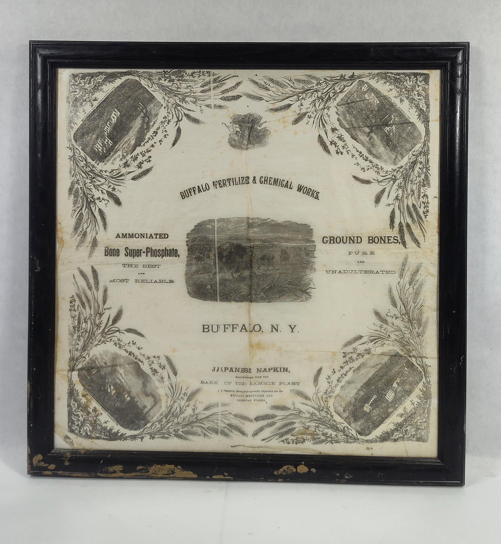 Buffalo Fertilizer & Chemical Works Broadside Litho: Broadside lithograph, appears to be on rice paper. Shows a few soiling spots and a few minor punctures, displays very well!! 21in x 21in framed.