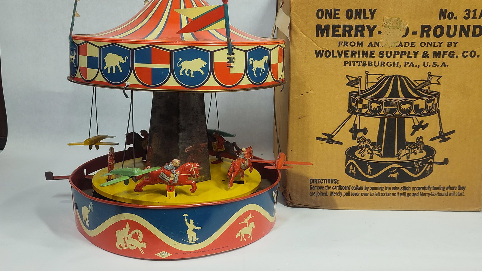1930s-40s Wolverine No.31A Tin Litho Merry-Go-Round in orig box (1 of 6)