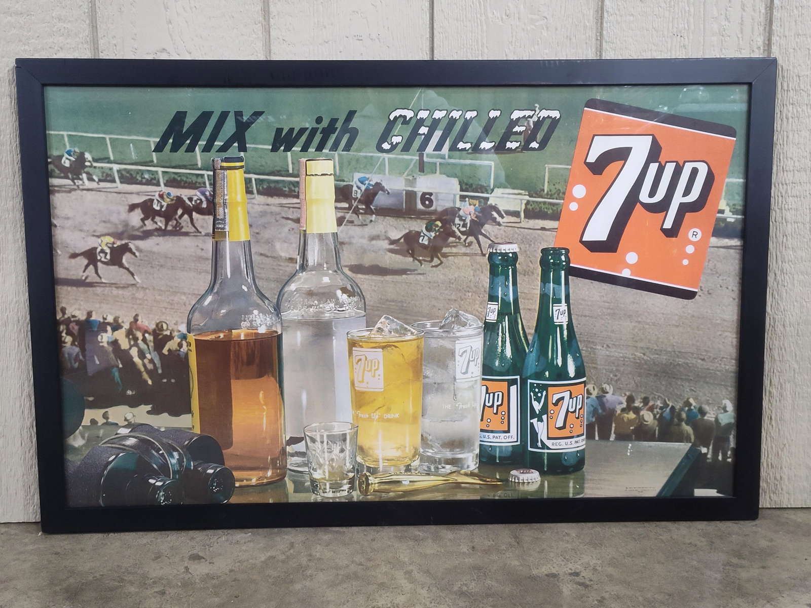 1953 Mix with Chilled 7up cardboard lithograph: Excellent condition!! Marked 1953 by the Seven Up Co. 22.5in x 35.5in framed.