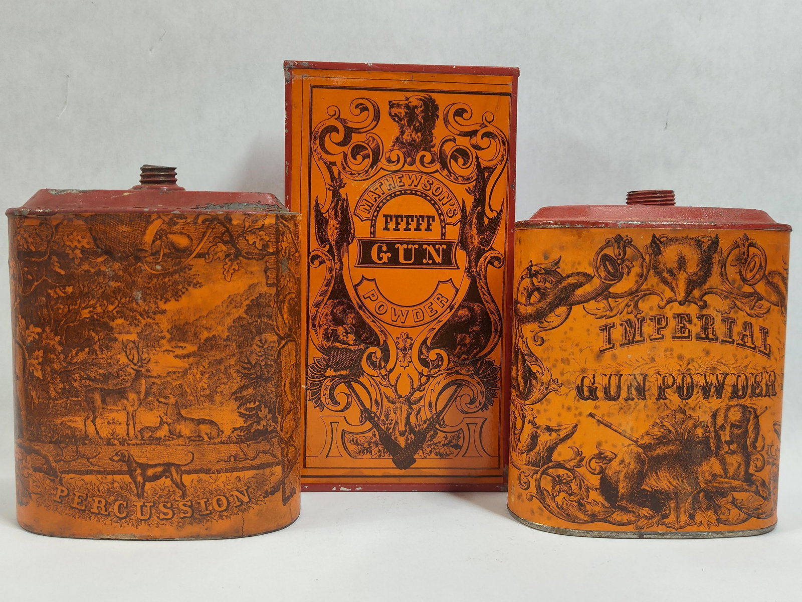 Mathewson's, Percussion and Imperial Gun Powder Graphical Tins: Great lot of 3 assorted gun powder tins with great graphics as well as color with minor wear showing to each as seen in photos as to be expected due to age and usage