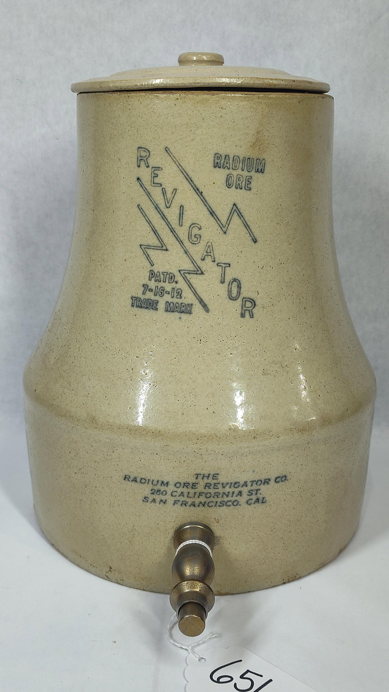 1920s Radium Ore Revigator Crock: A rare find! This radioactive water crock was believed to cure ailments, adding radon to water. Very nice condition with no visible cracks or large chips. Jar is clearly marked with cobalt lettering o