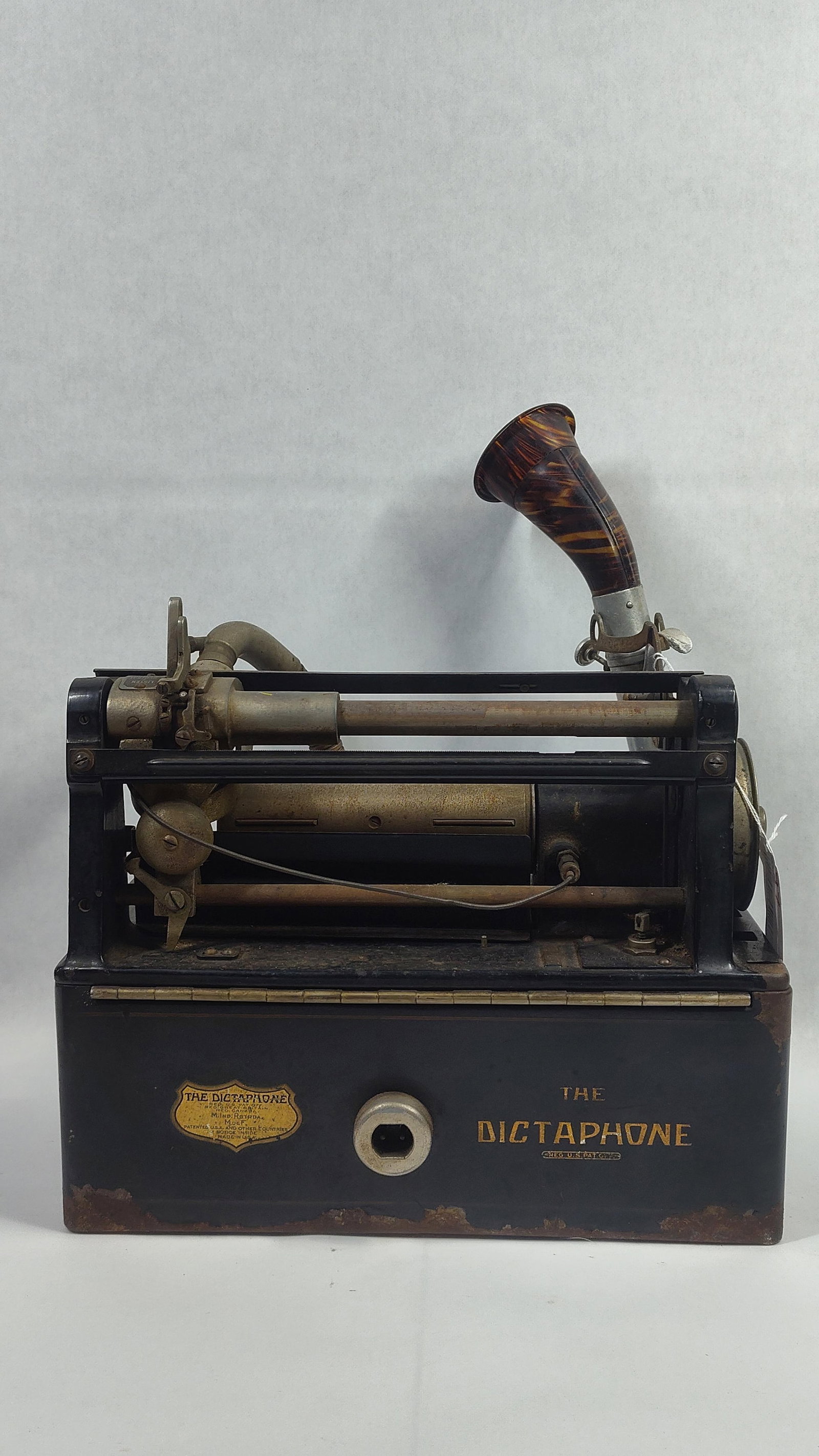 1920s Dictaphone Wax Cylinder Dictation Machine: Shows areas of paint wear mostly along bottom edges. 12in wide 6in deep 9.5in tall.