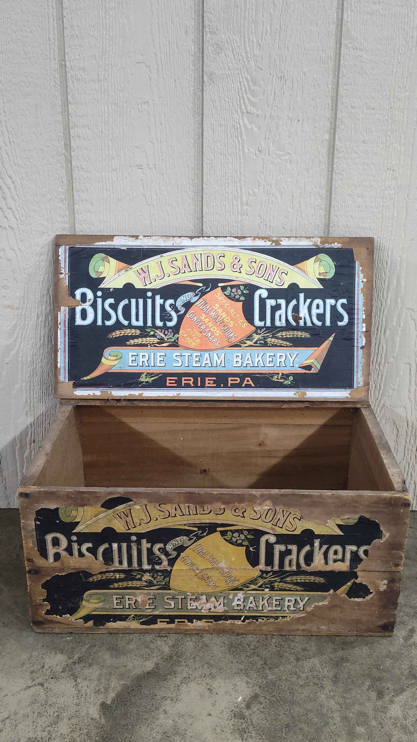 W.J. Sands & Sons Biscuits and Crackers Box: With great original label on interior lid! Left side wire hinge is loose. 20in long 13in wide 9.5in tall.