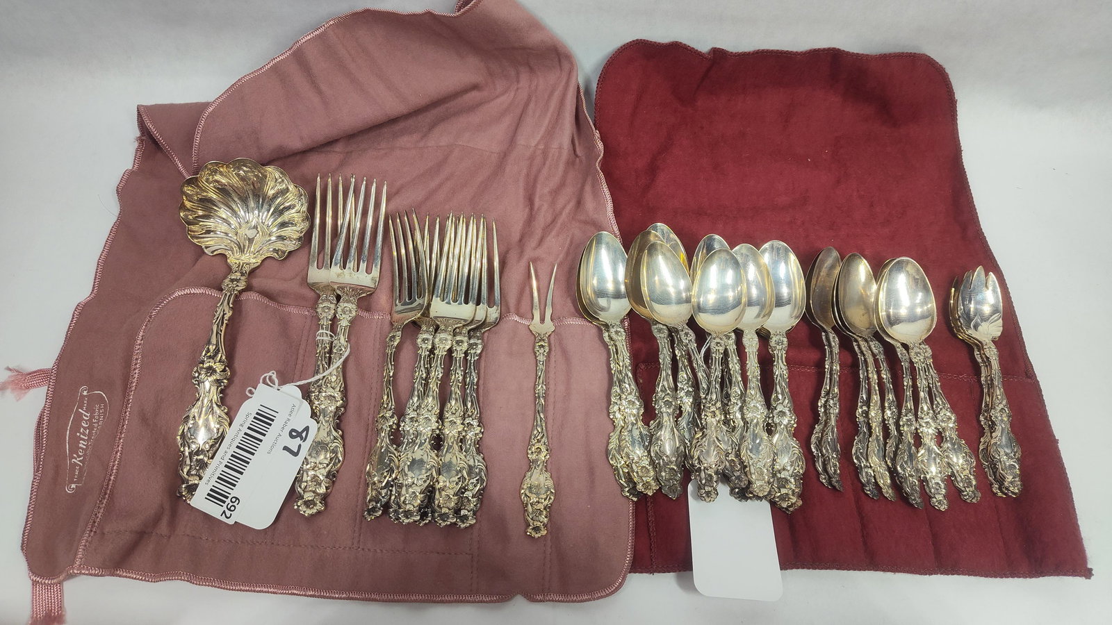 Whiting/ Gorhams Lily Sterling Utensils: 2 serving forks, 6 dinner forks, 1 pickle fork, ladle, 3 condiment sporks, and 23 spoons. All marked sterling. 2 pounds 8 oz. 