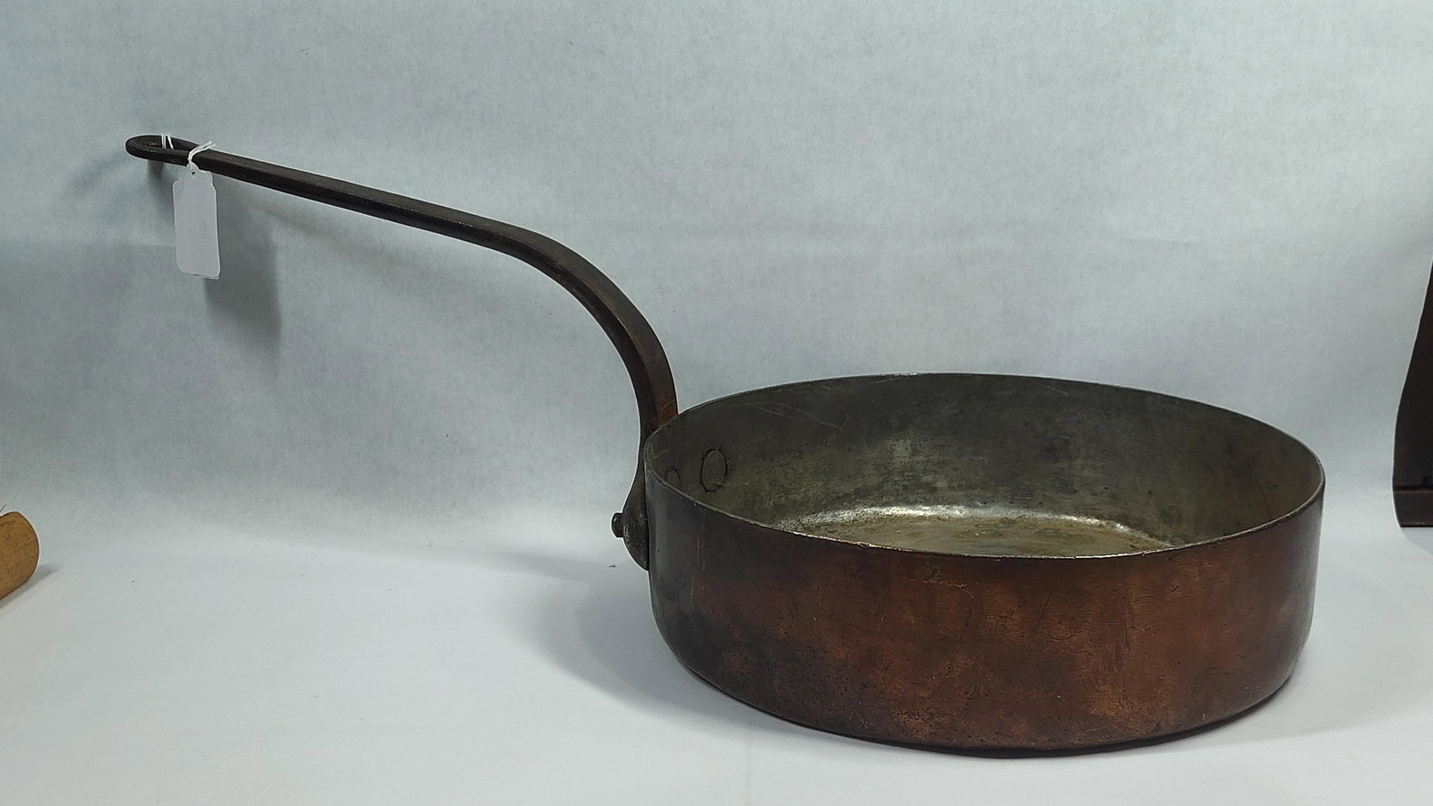 Large Copper No 36 Skillet: Hand forged handle. Number 36 is stamped on outside of skillet. 14.5 inches in diameter x 4 inches tall. 
