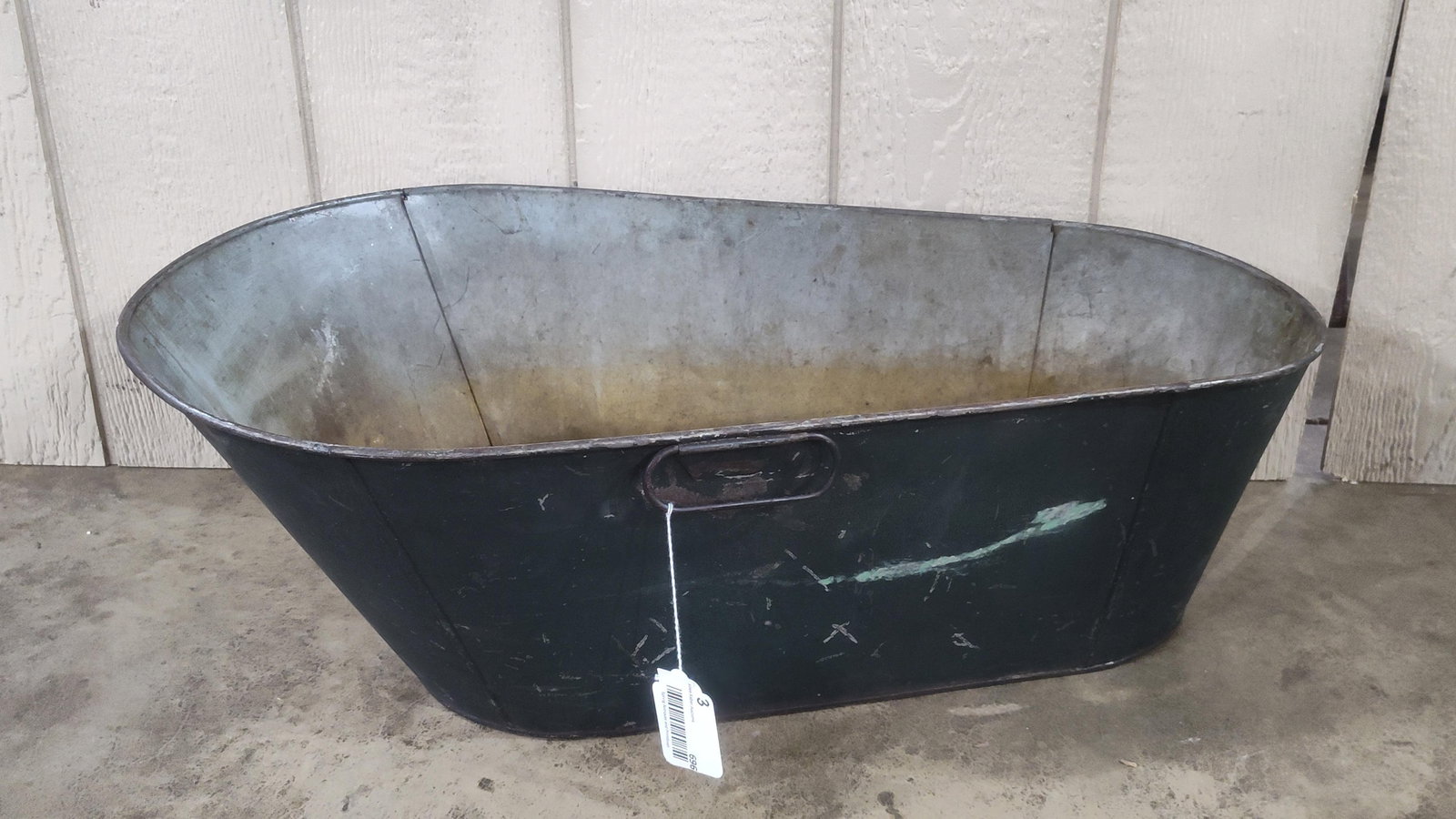 Old Fashioned Zinc Childs Bathtub: Green paint to the outside with a slight surface rust to interior bottom. 30x16x10