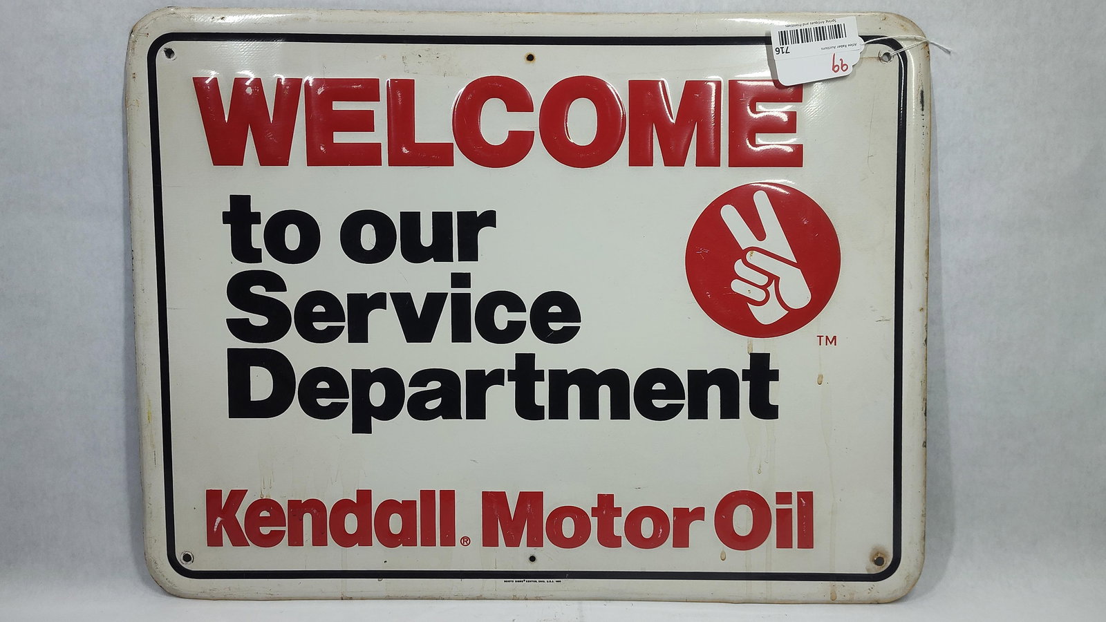 SST Kendall Motor Oil "Welcome" embossed sign: 1-sided painted metal embossed sign. Marked Scioto Signs. 18in x 24in.