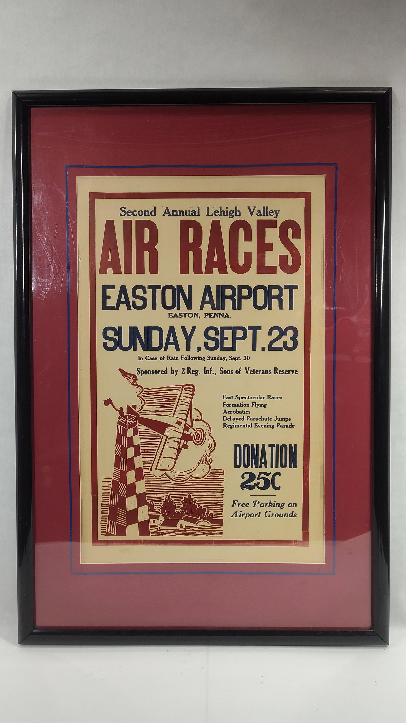 Lehigh Valley Air Races framed poster: Probably a reproduction? 21in x 31in.