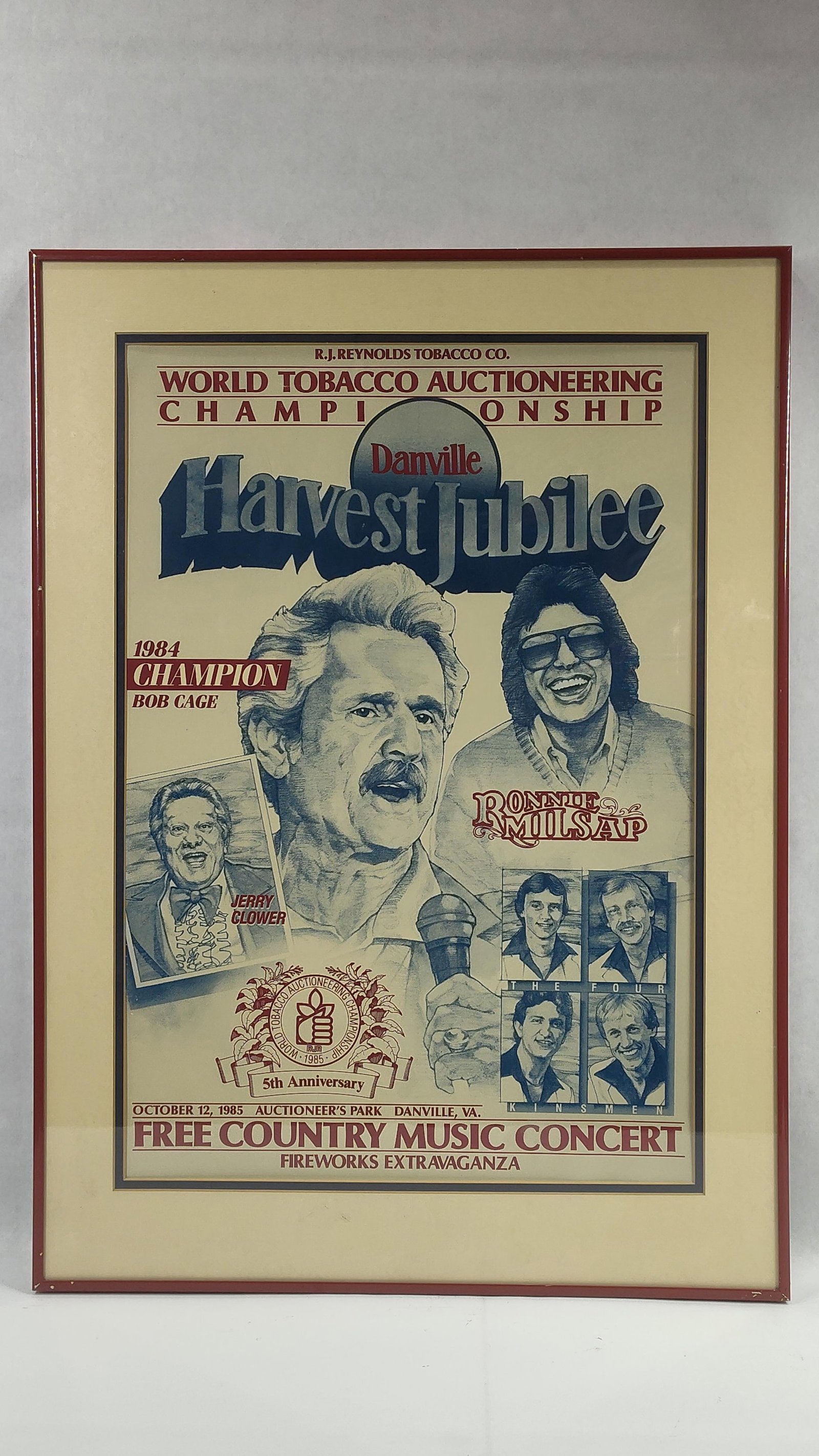 1985 R.J. Reynolds Tobacco Co. Danville, VA Harvest Jubilee Poster: Framed cardboard poster, advertising the World Tobacco Auctioneering Championship and free country music concert, featuring Ronnie Milsap and Jerry Clower. Excellent condition!! 19in x 26.5in framed.